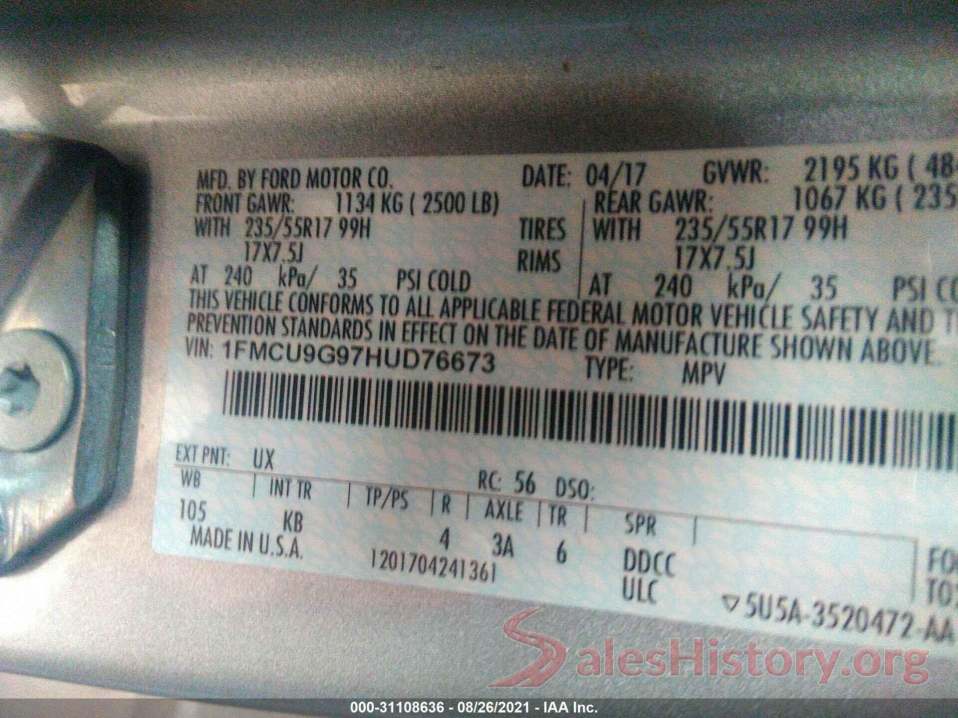 1FMCU9G97HUD76673 2017 FORD ESCAPE