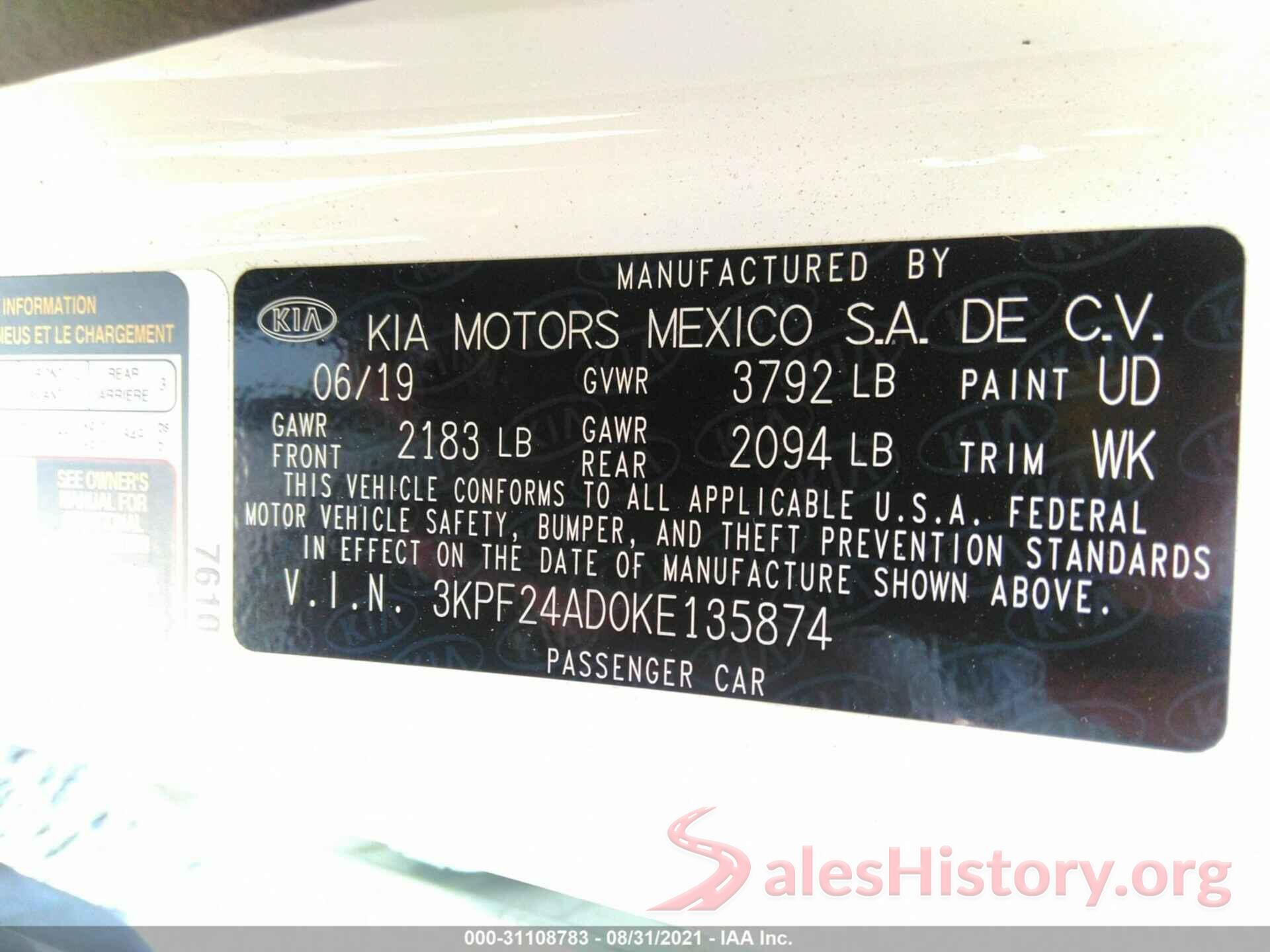 3KPF24AD0KE135874 2019 KIA FORTE