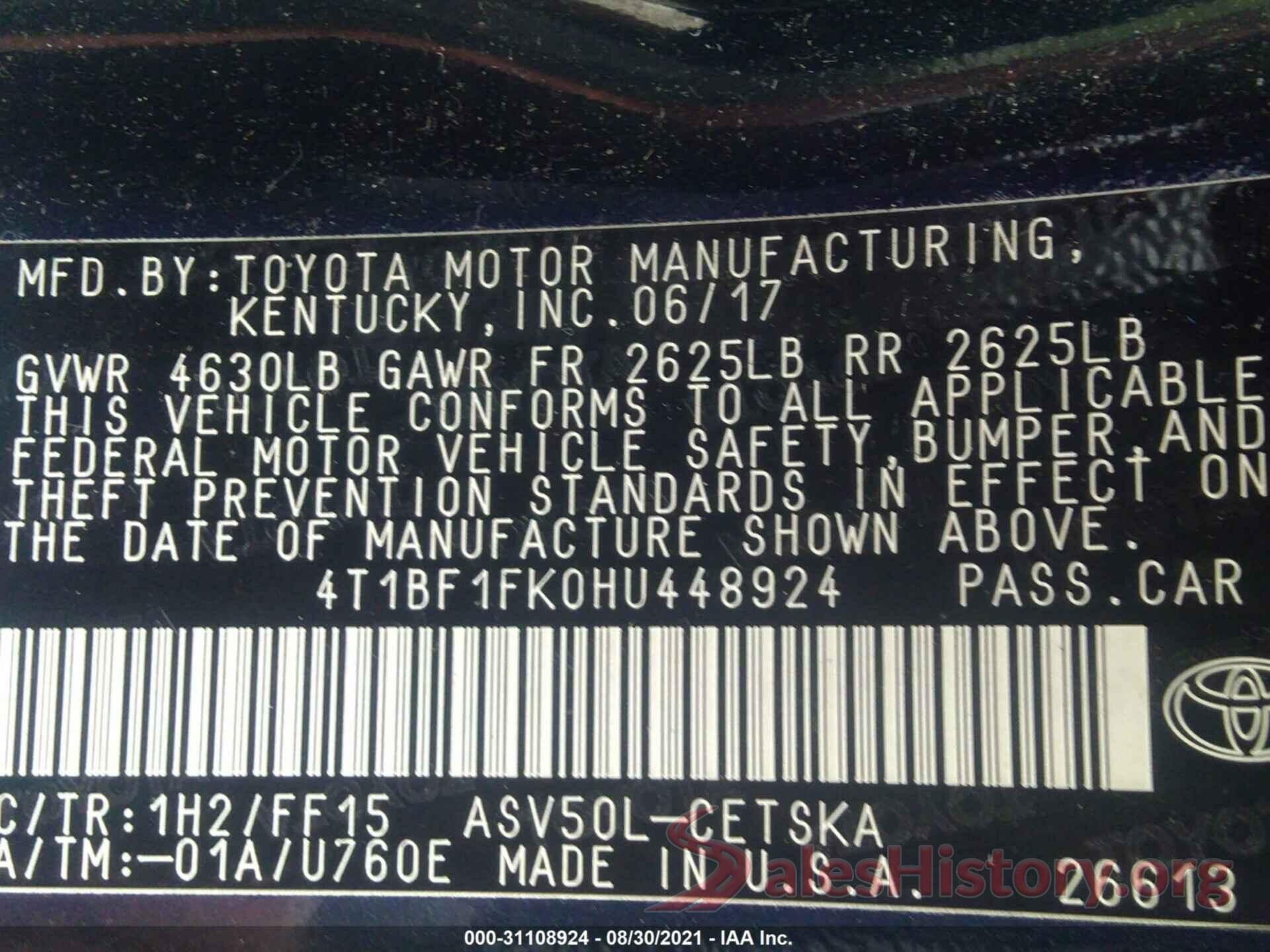 4T1BF1FK0HU448924 2017 TOYOTA CAMRY