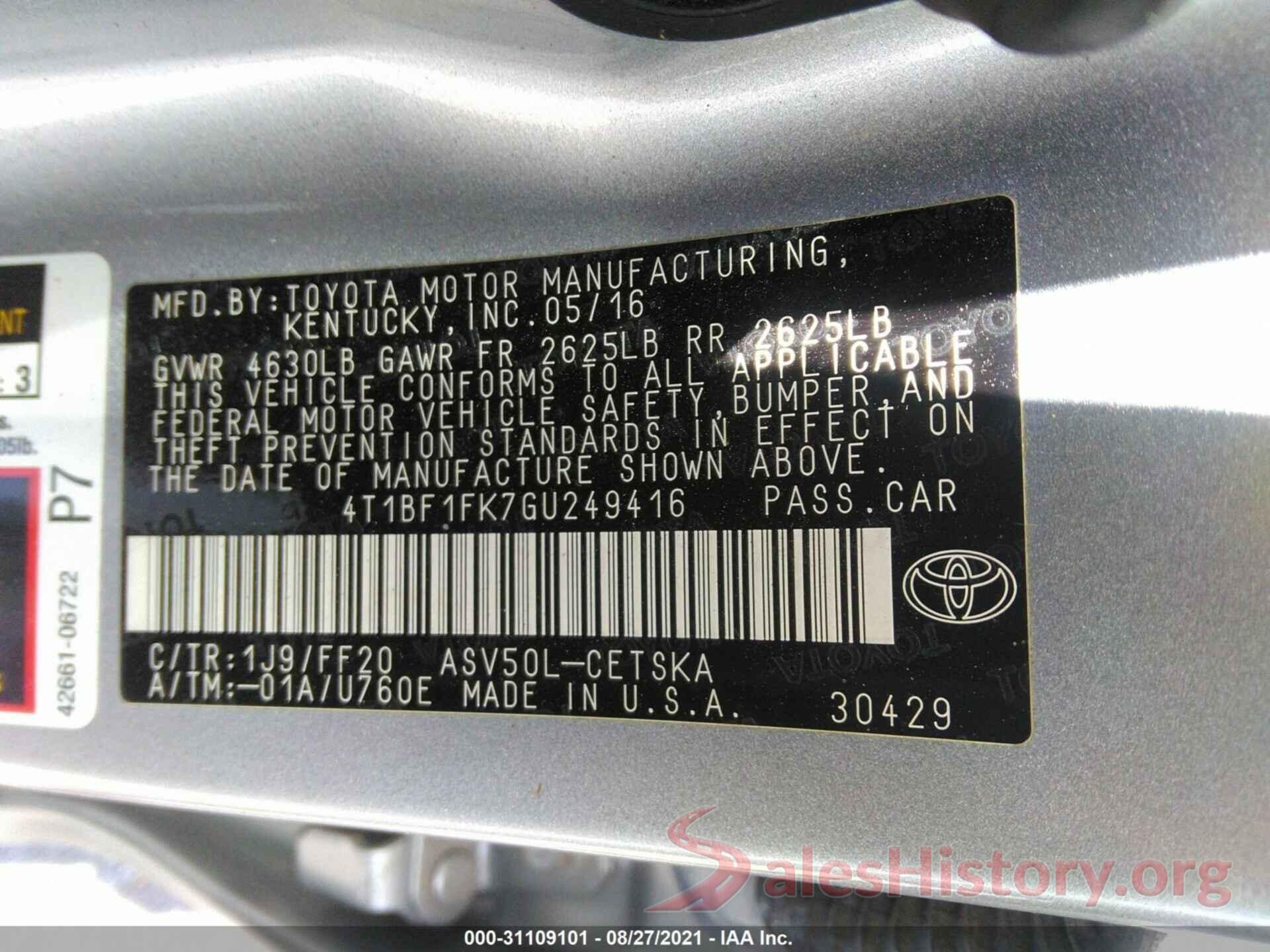 4T1BF1FK7GU249416 2016 TOYOTA CAMRY