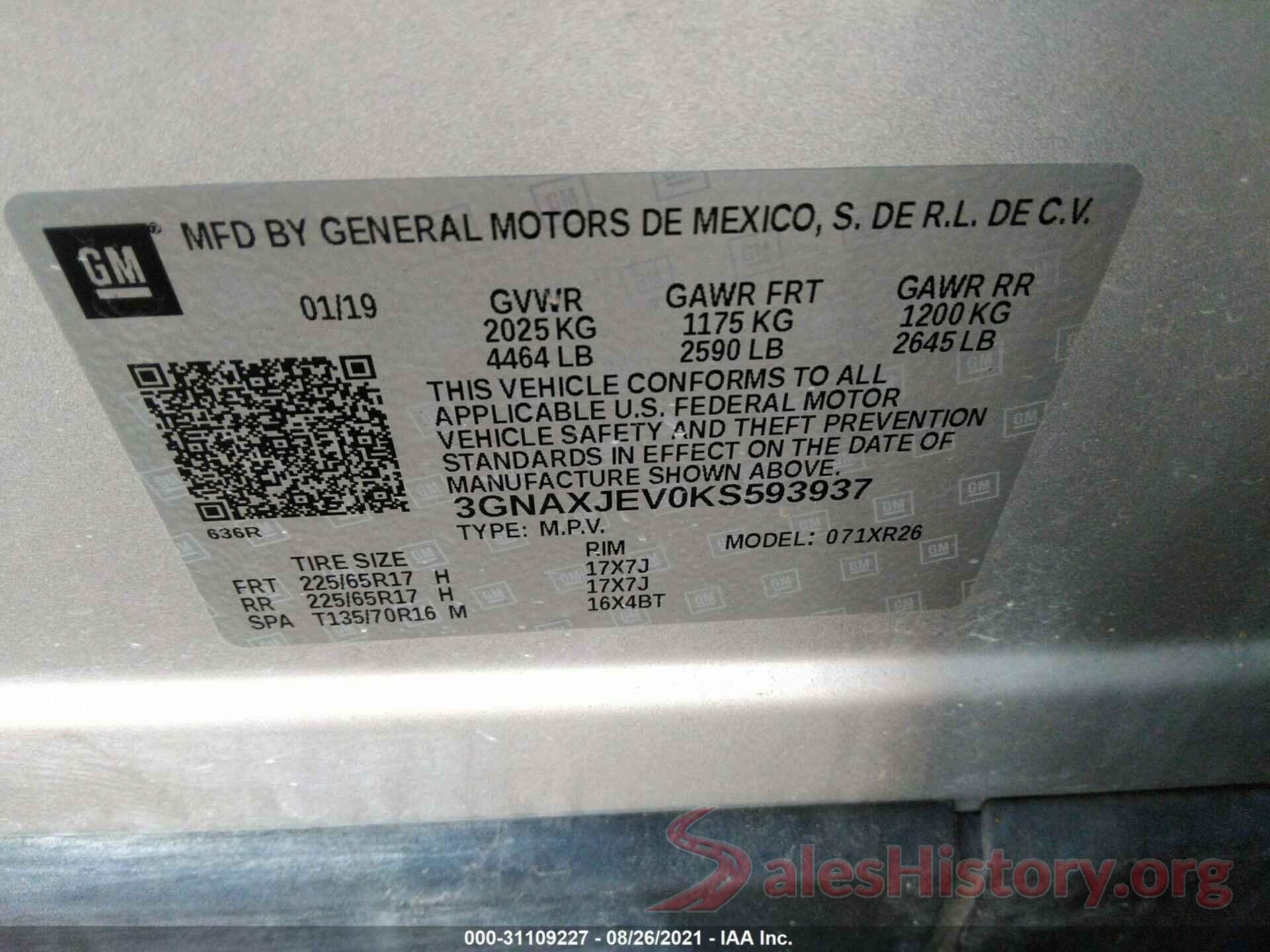 3GNAXJEV0KS593937 2019 CHEVROLET EQUINOX