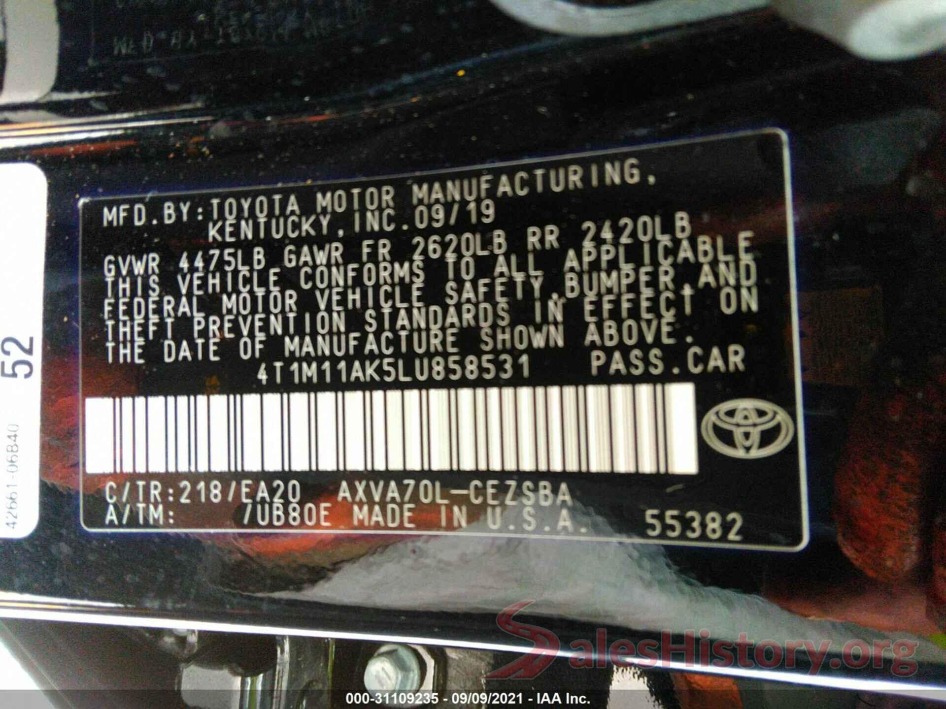 4T1M11AK5LU858531 2020 TOYOTA CAMRY