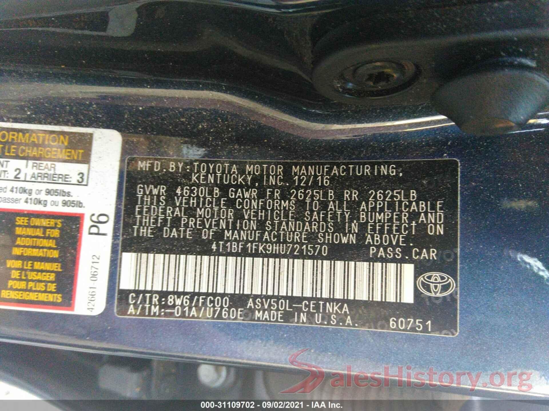 4T1BF1FK9HU721570 2017 TOYOTA CAMRY