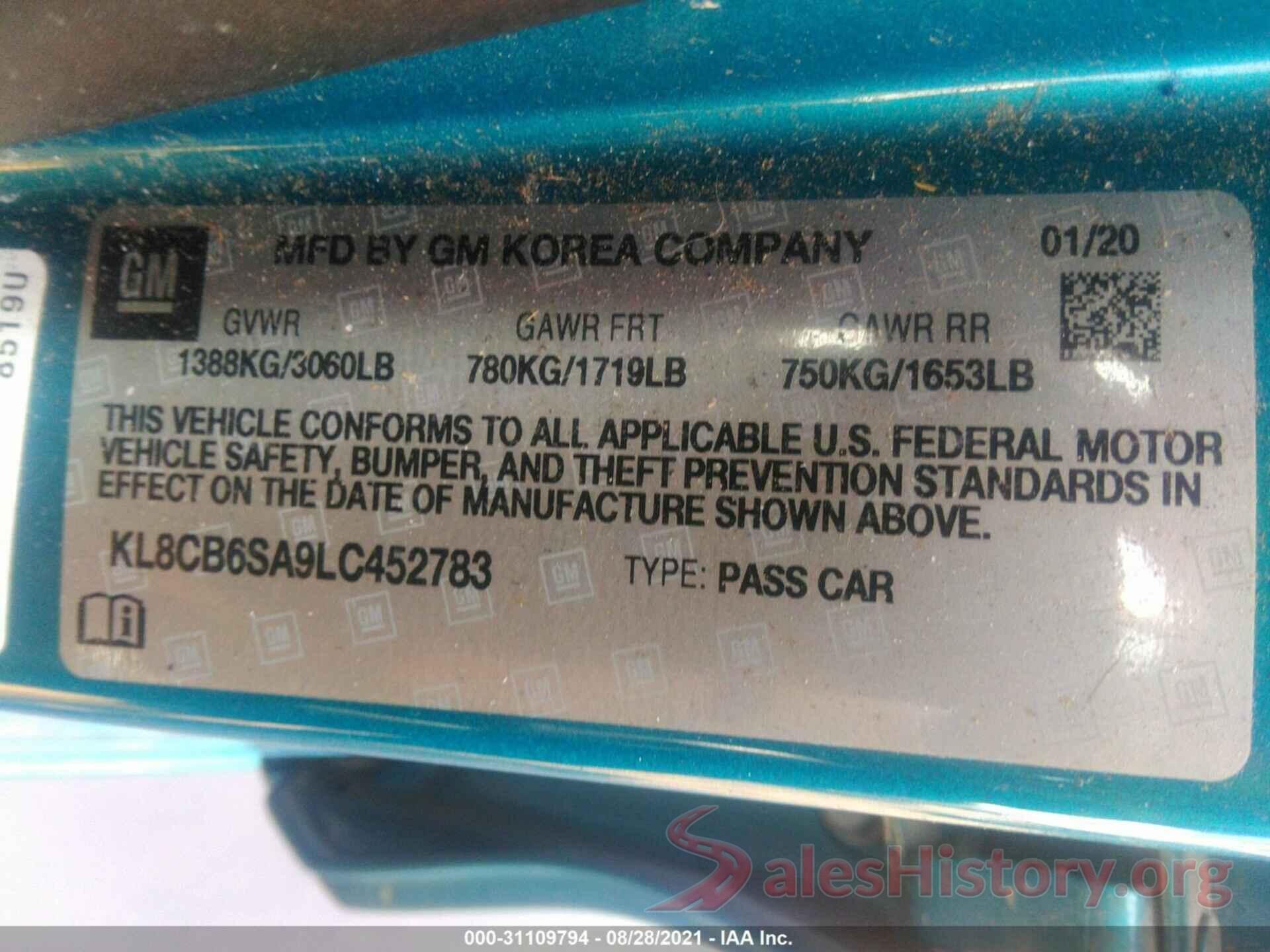 KL8CB6SA9LC452783 2020 CHEVROLET SPARK