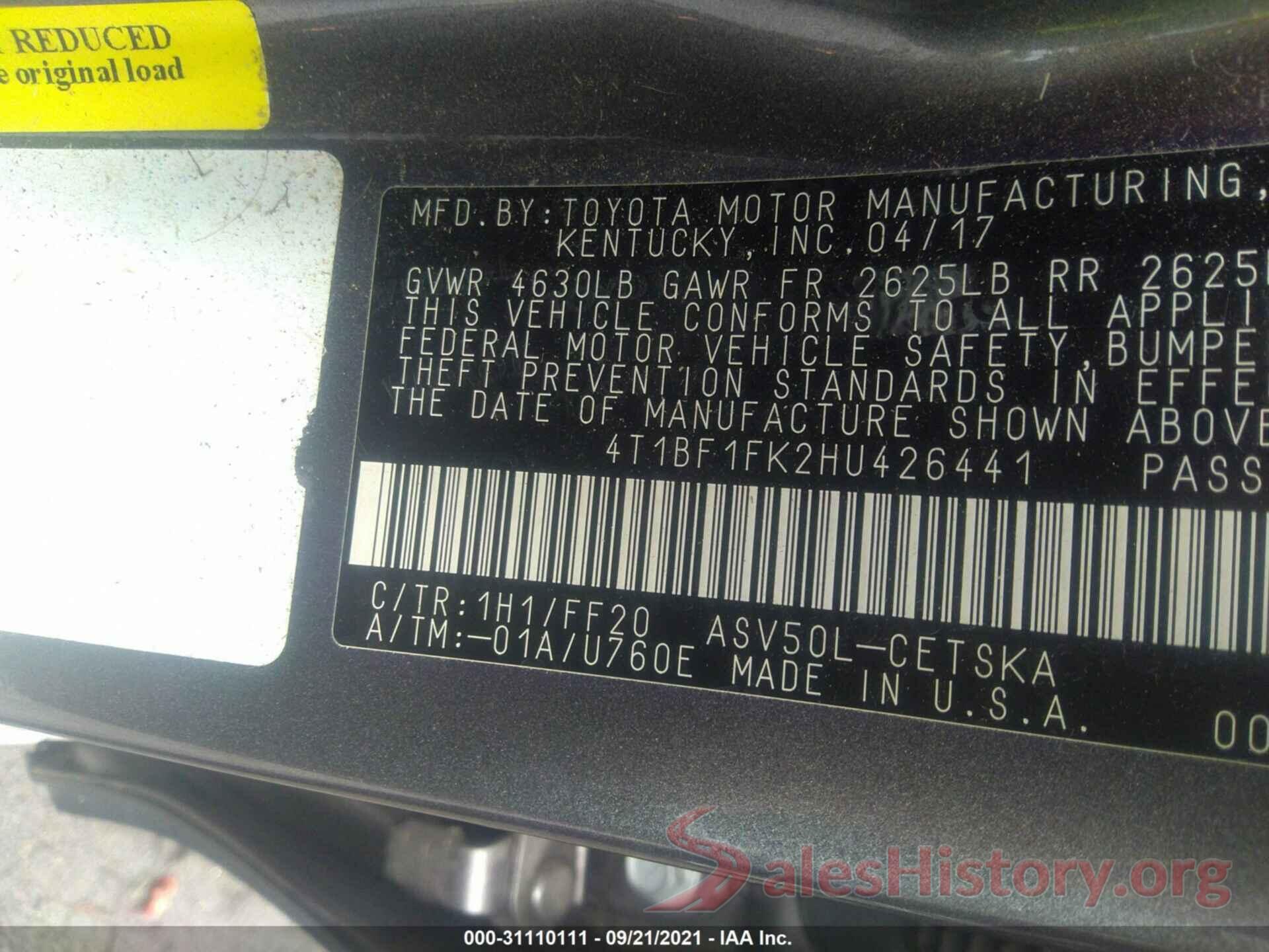 4T1BF1FK2HU426441 2017 TOYOTA CAMRY