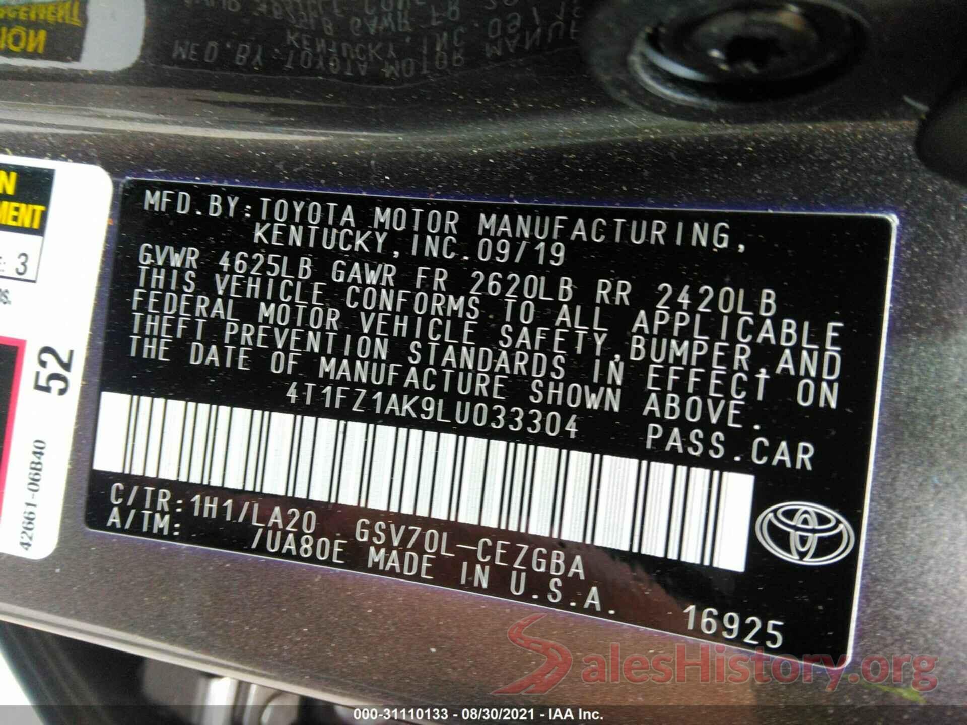 4T1FZ1AK9LU033304 2020 TOYOTA CAMRY