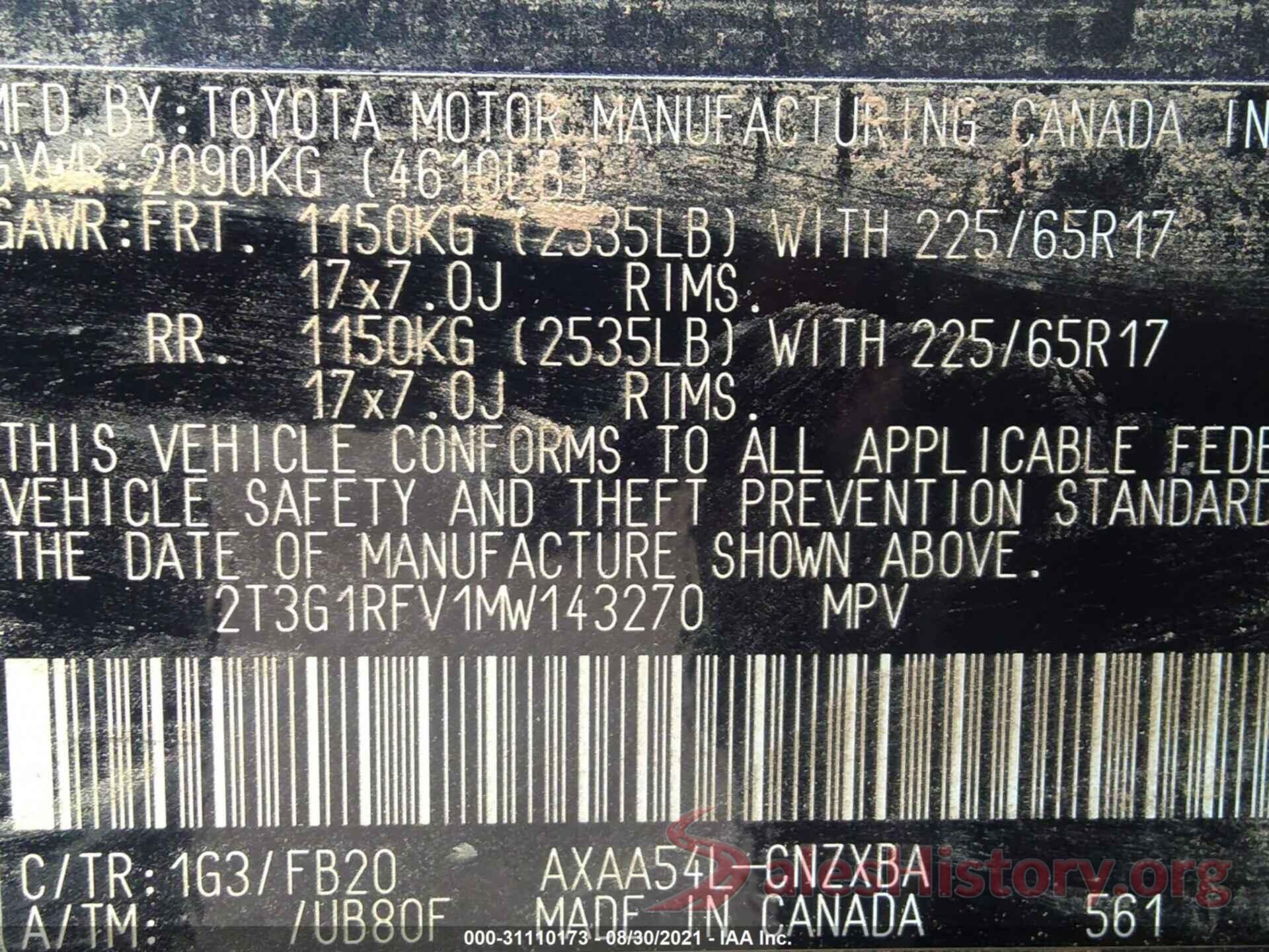 2T3G1RFV1MW143270 2021 TOYOTA RAV4