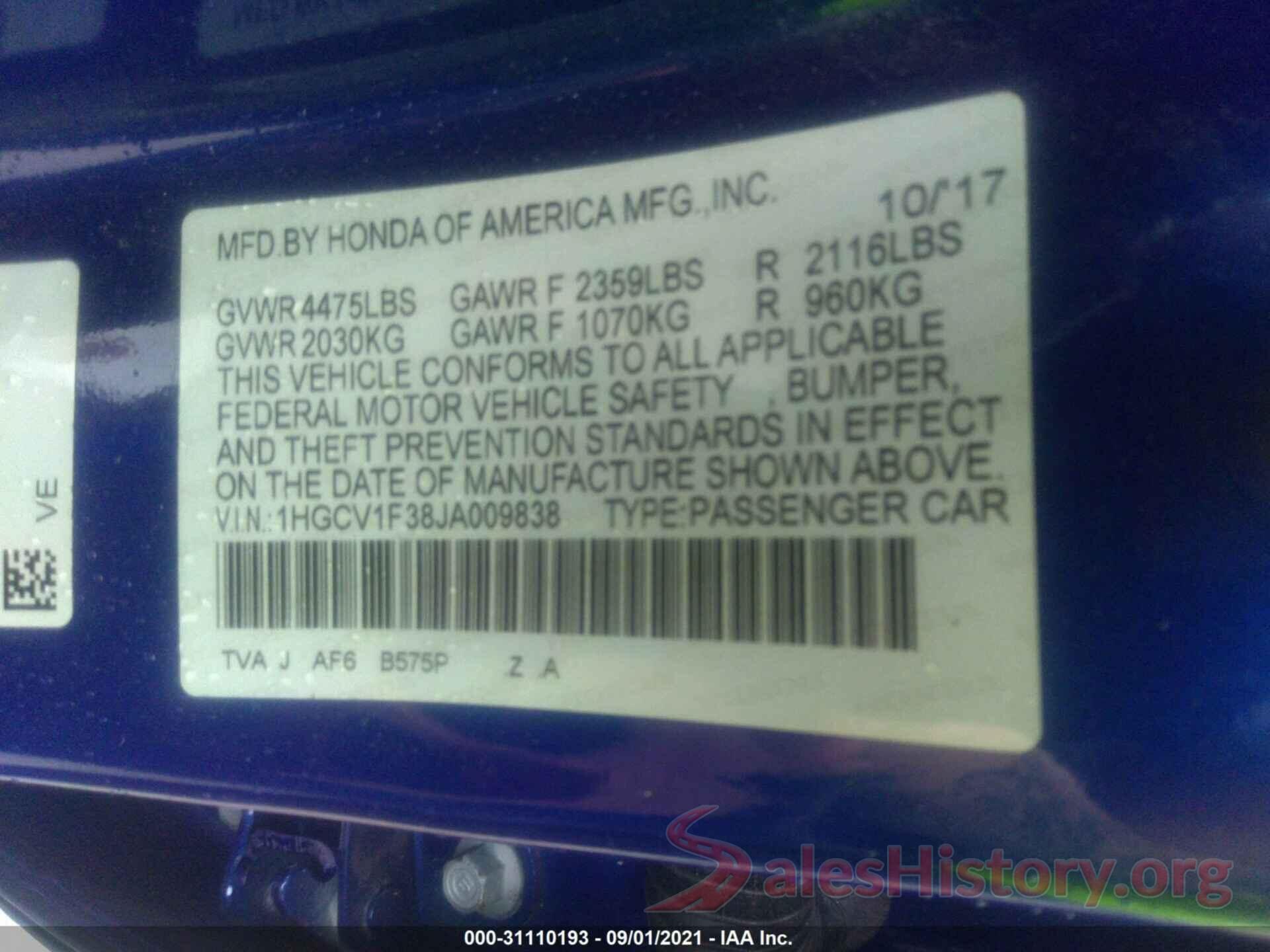 1HGCV1F38JA009838 2018 HONDA ACCORD SEDAN