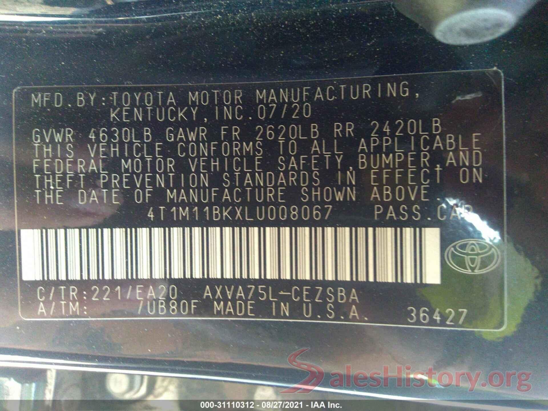 4T1M11BKXLU008067 2020 TOYOTA CAMRY