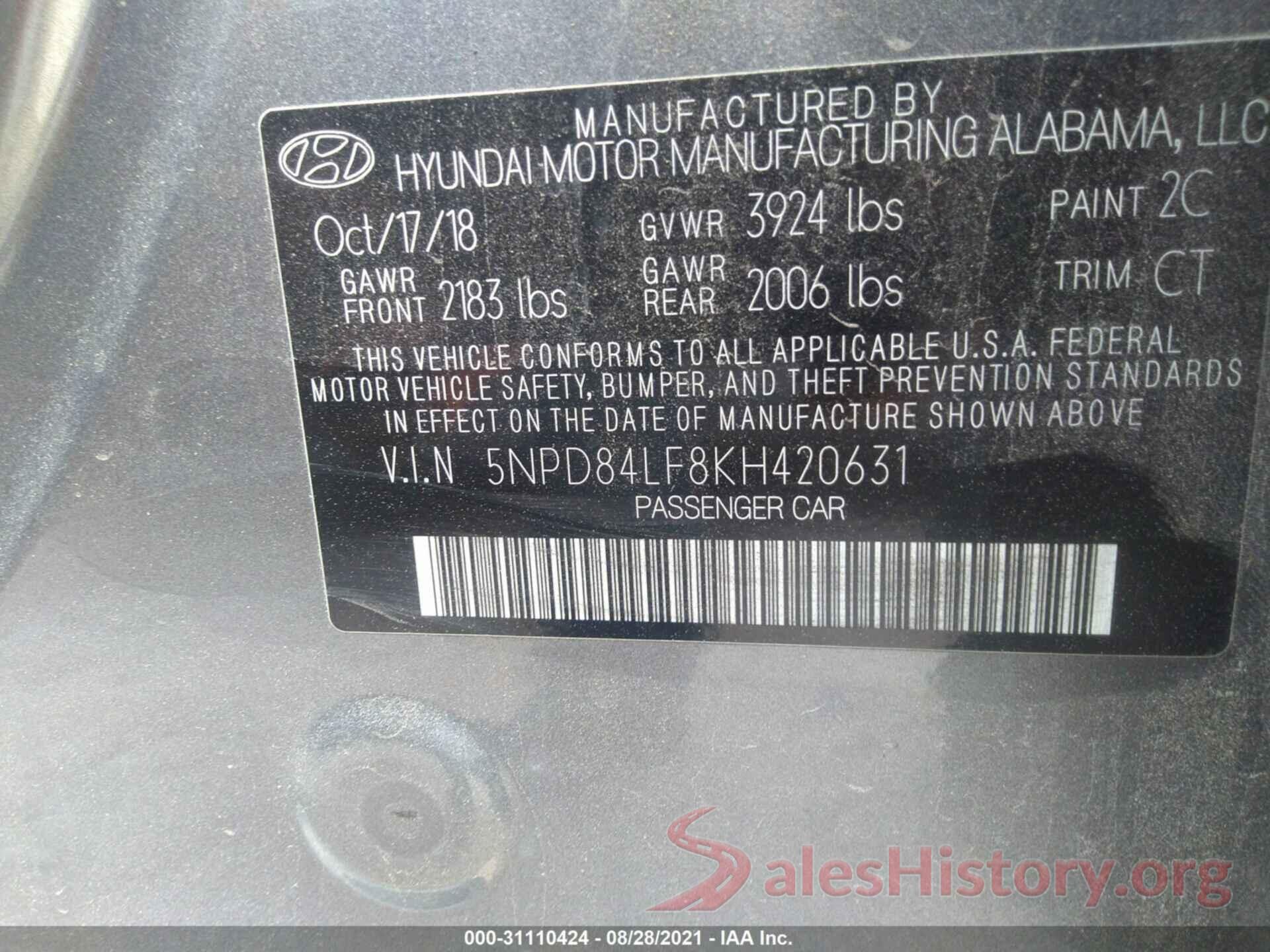 5NPD84LF8KH420631 2019 HYUNDAI ELANTRA