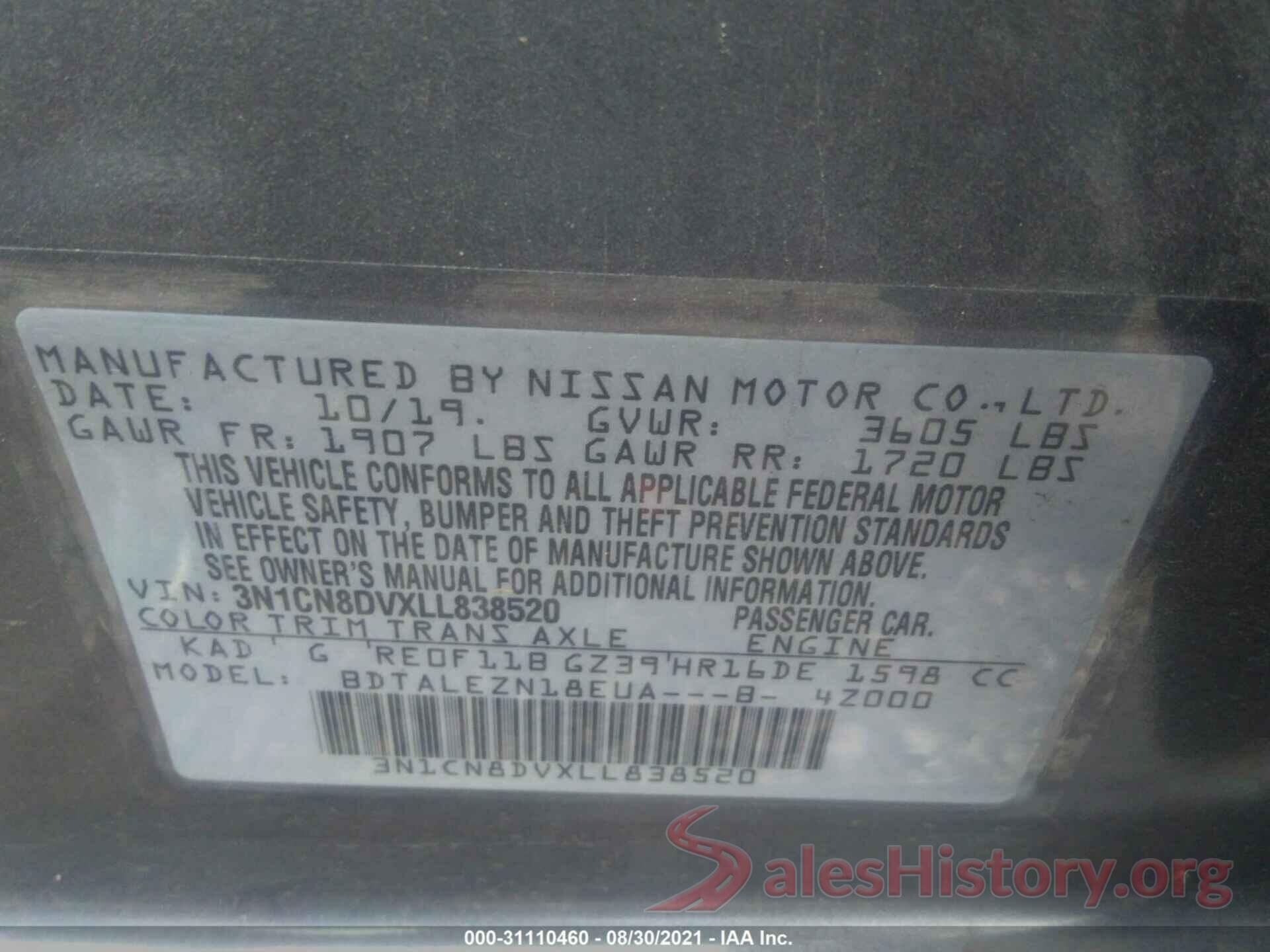 3N1CN8DVXLL838520 2020 NISSAN VERSA