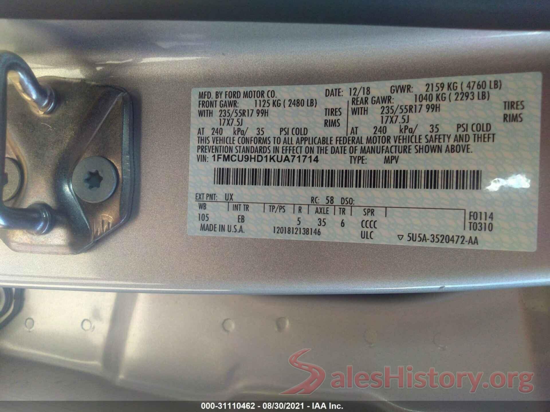 1FMCU9HD1KUA71714 2019 FORD ESCAPE