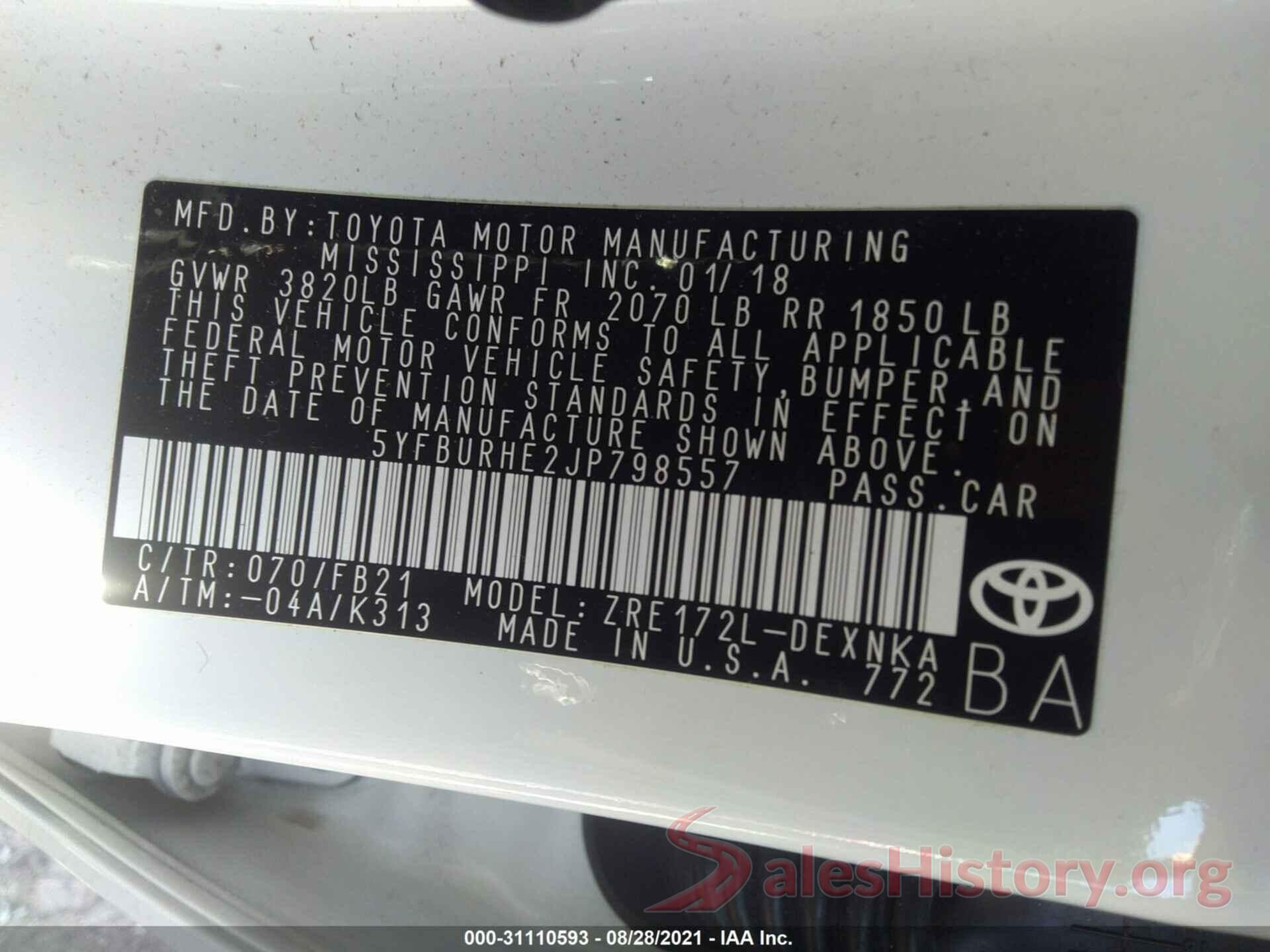 5YFBURHE2JP798557 2018 TOYOTA COROLLA