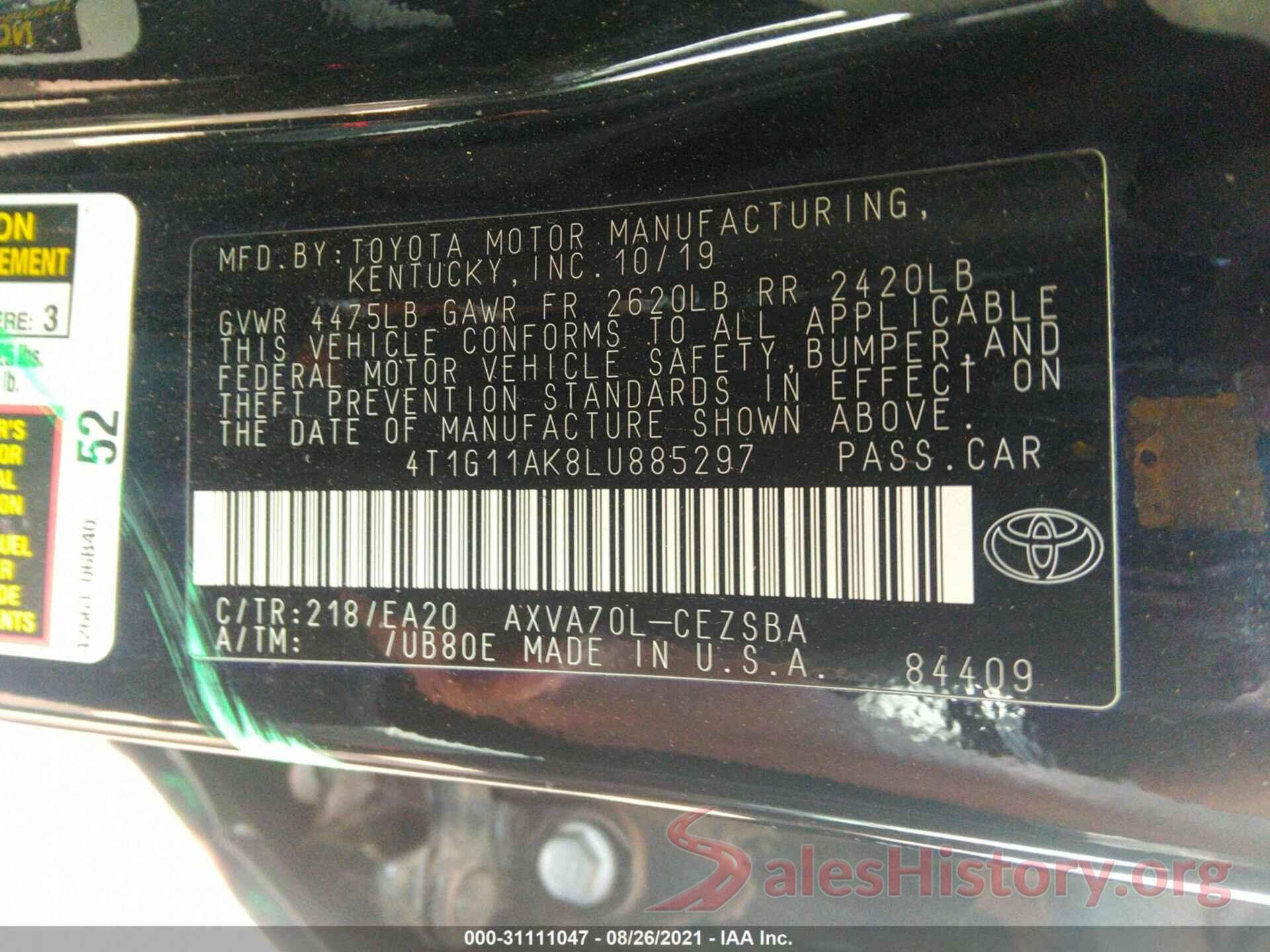 4T1G11AK8LU885297 2020 TOYOTA CAMRY