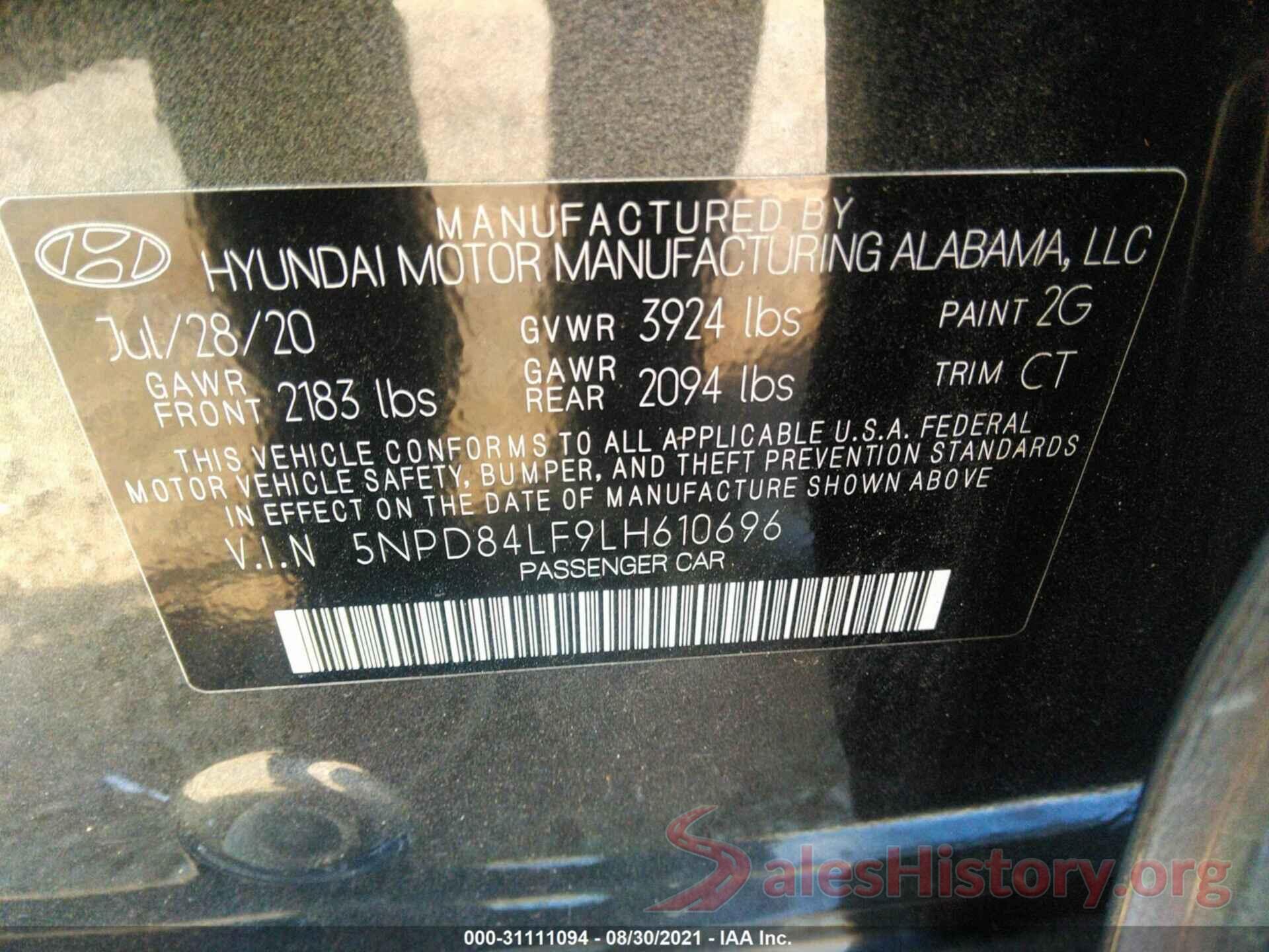 5NPD84LF9LH610696 2020 HYUNDAI ELANTRA