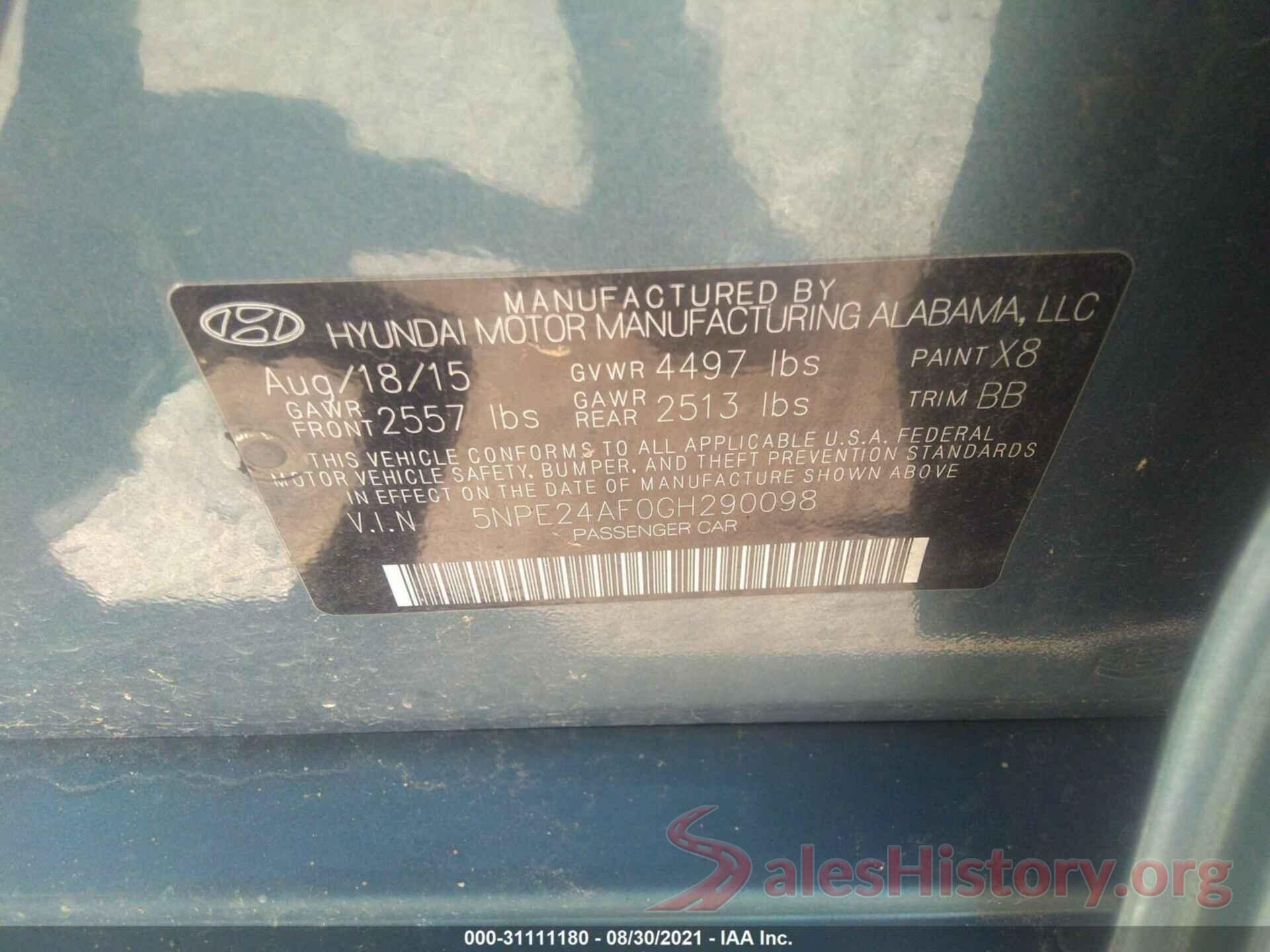 5NPE24AF0GH290098 2016 HYUNDAI SONATA