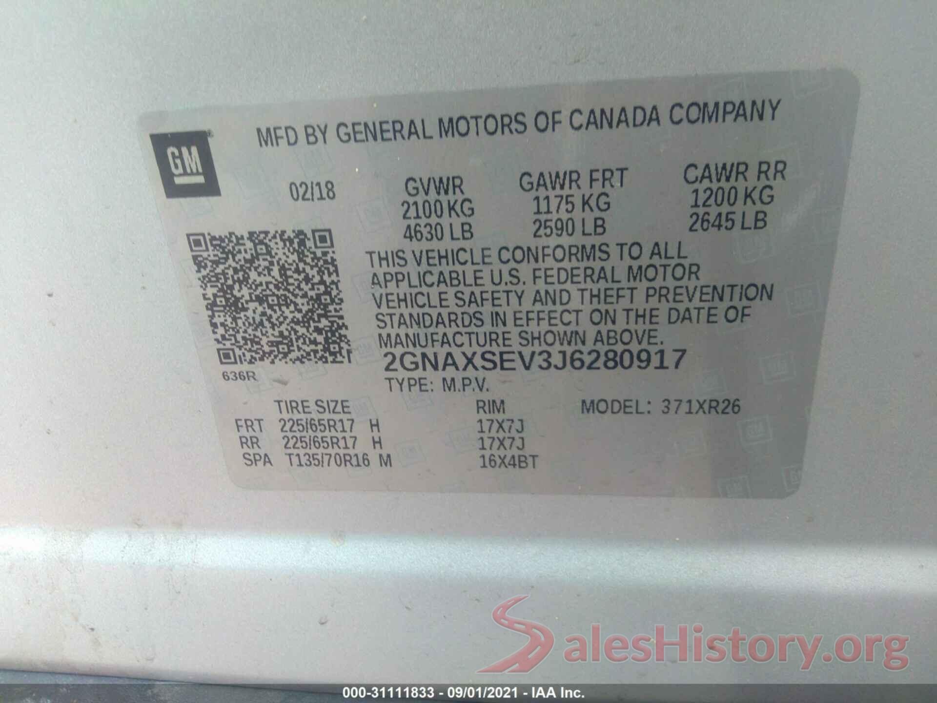 2GNAXSEV3J6280917 2018 CHEVROLET EQUINOX