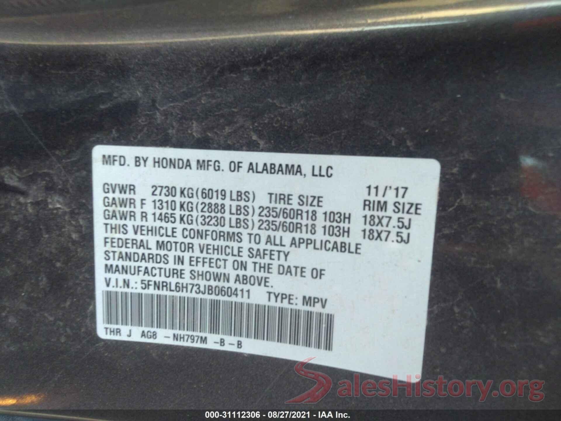 5FNRL6H73JB060411 2018 HONDA ODYSSEY