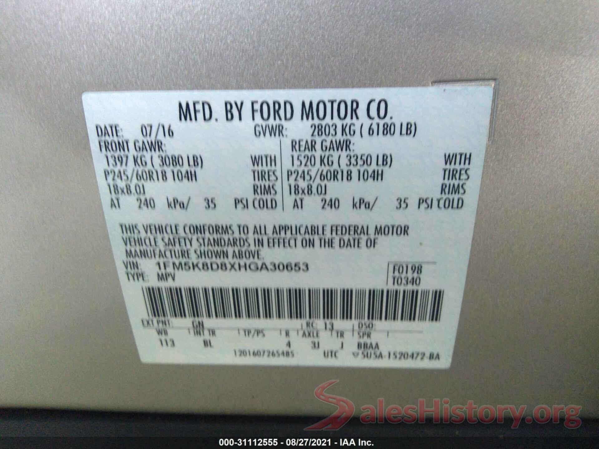 1FM5K8D8XHGA30653 2017 FORD EXPLORER