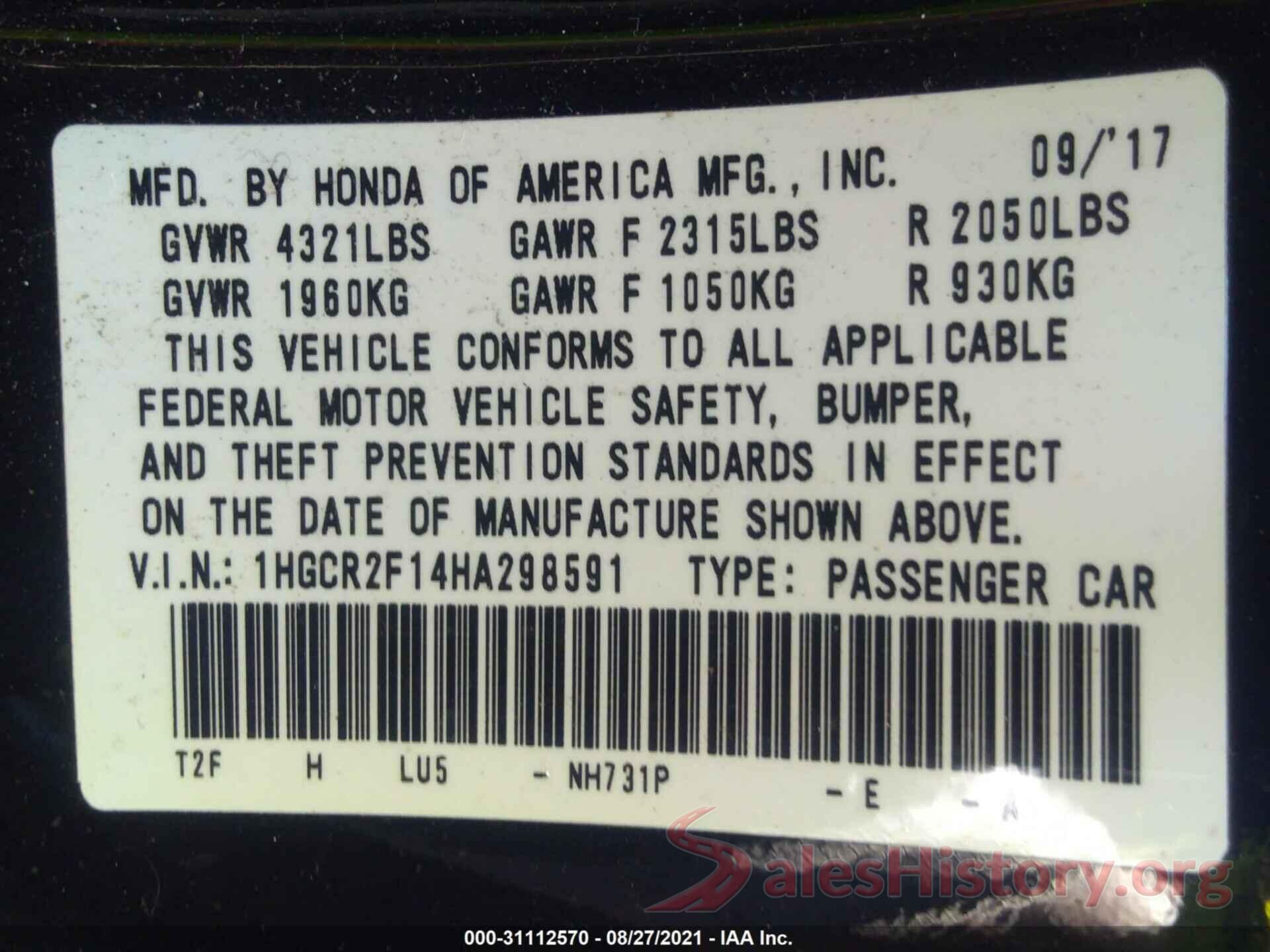 1HGCR2F14HA298591 2017 HONDA ACCORD SEDAN