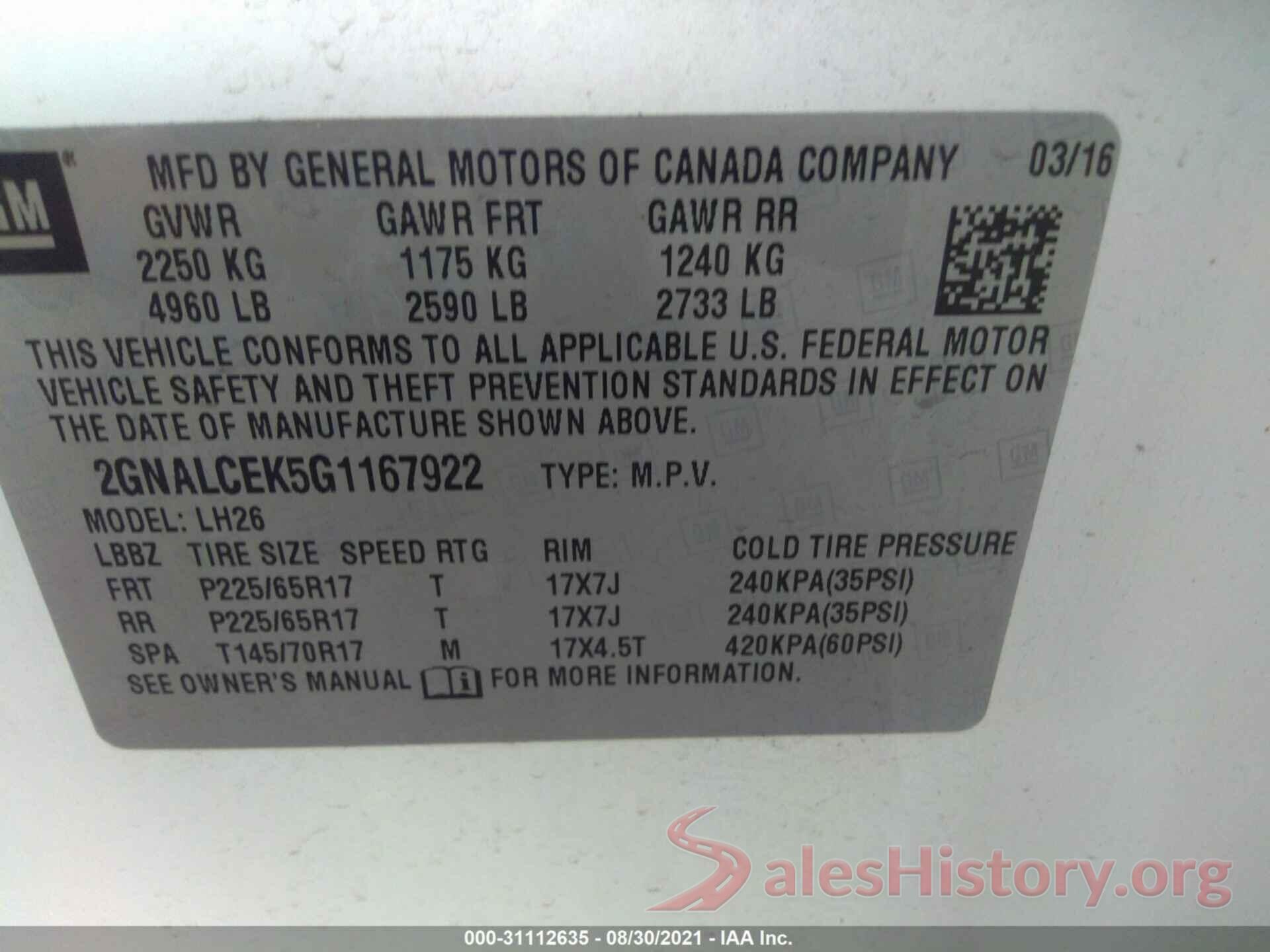 2GNALCEK5G1167922 2016 CHEVROLET EQUINOX