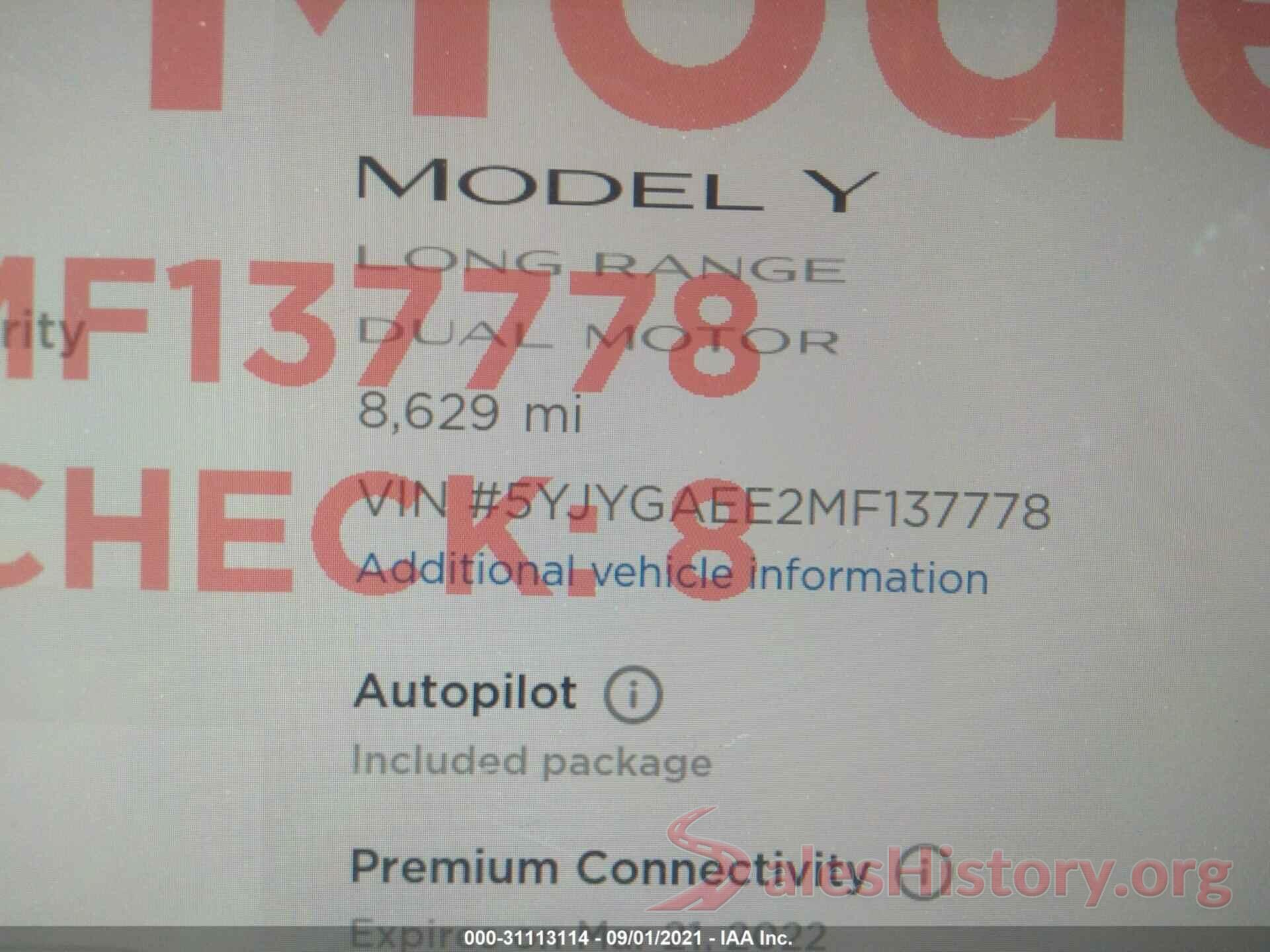 5YJYGAEE2MF137778 2021 TESLA MODEL Y