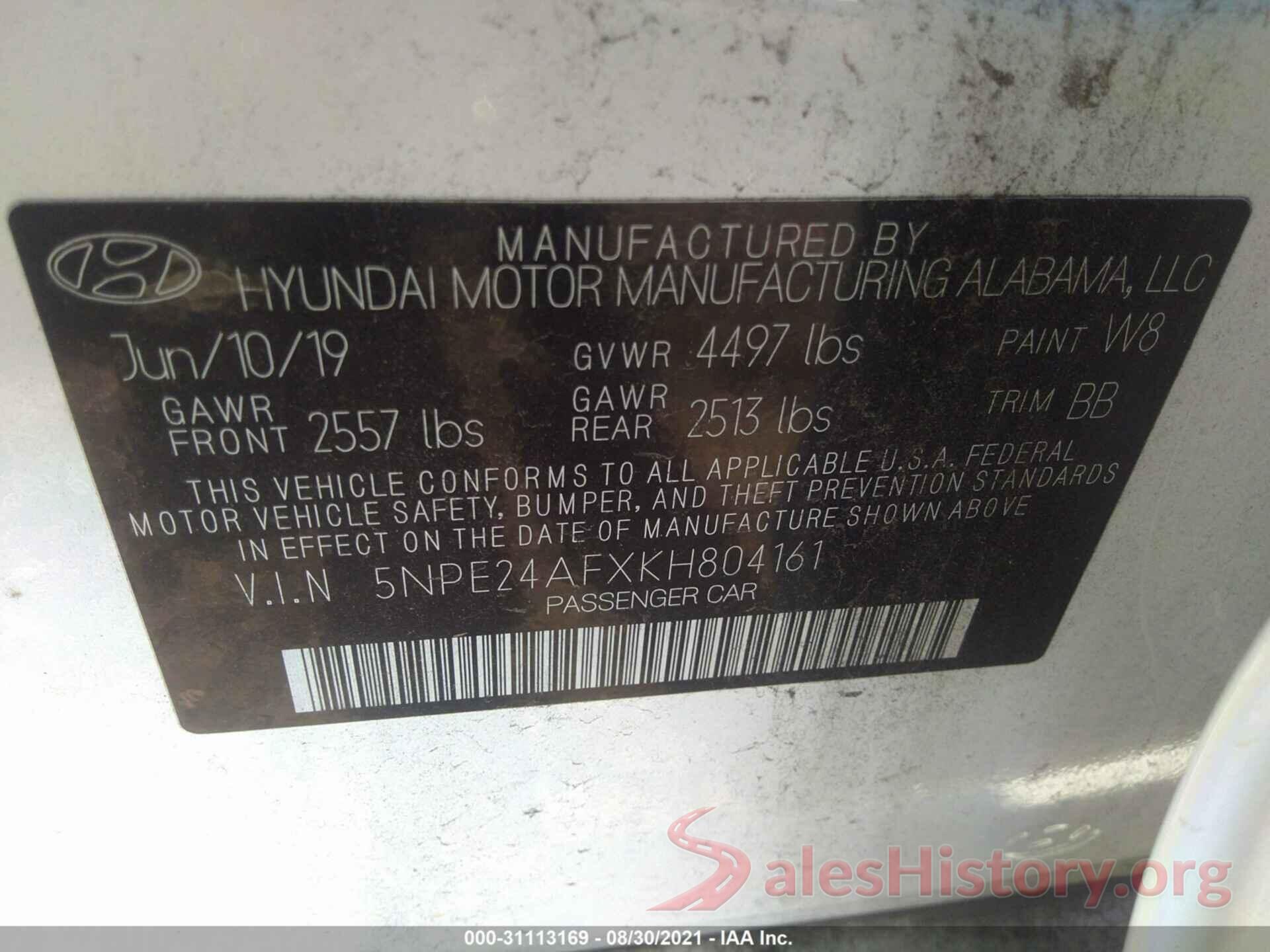 5NPE24AFXKH804161 2019 HYUNDAI SONATA