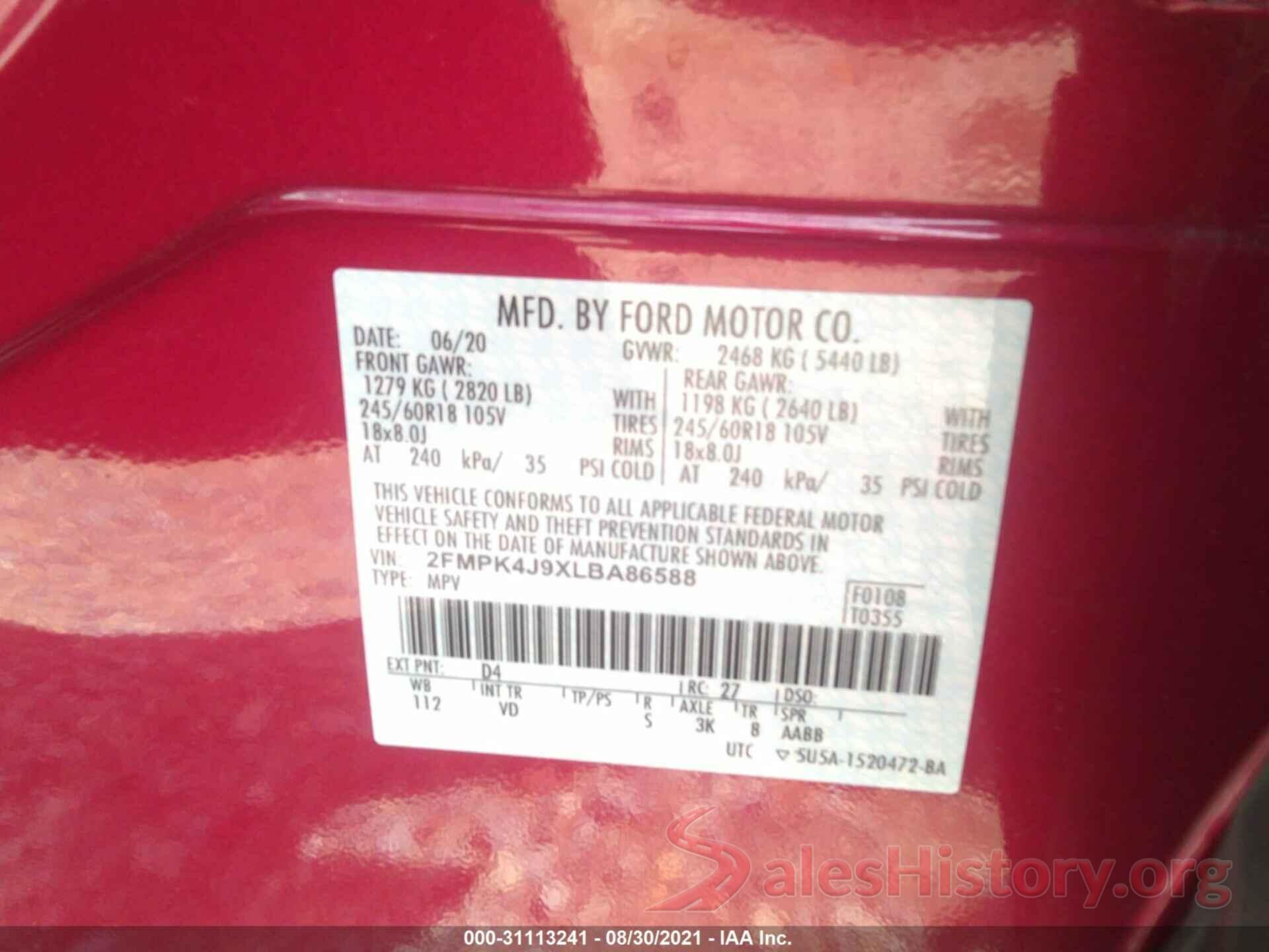 2FMPK4J9XLBA86588 2020 FORD EDGE