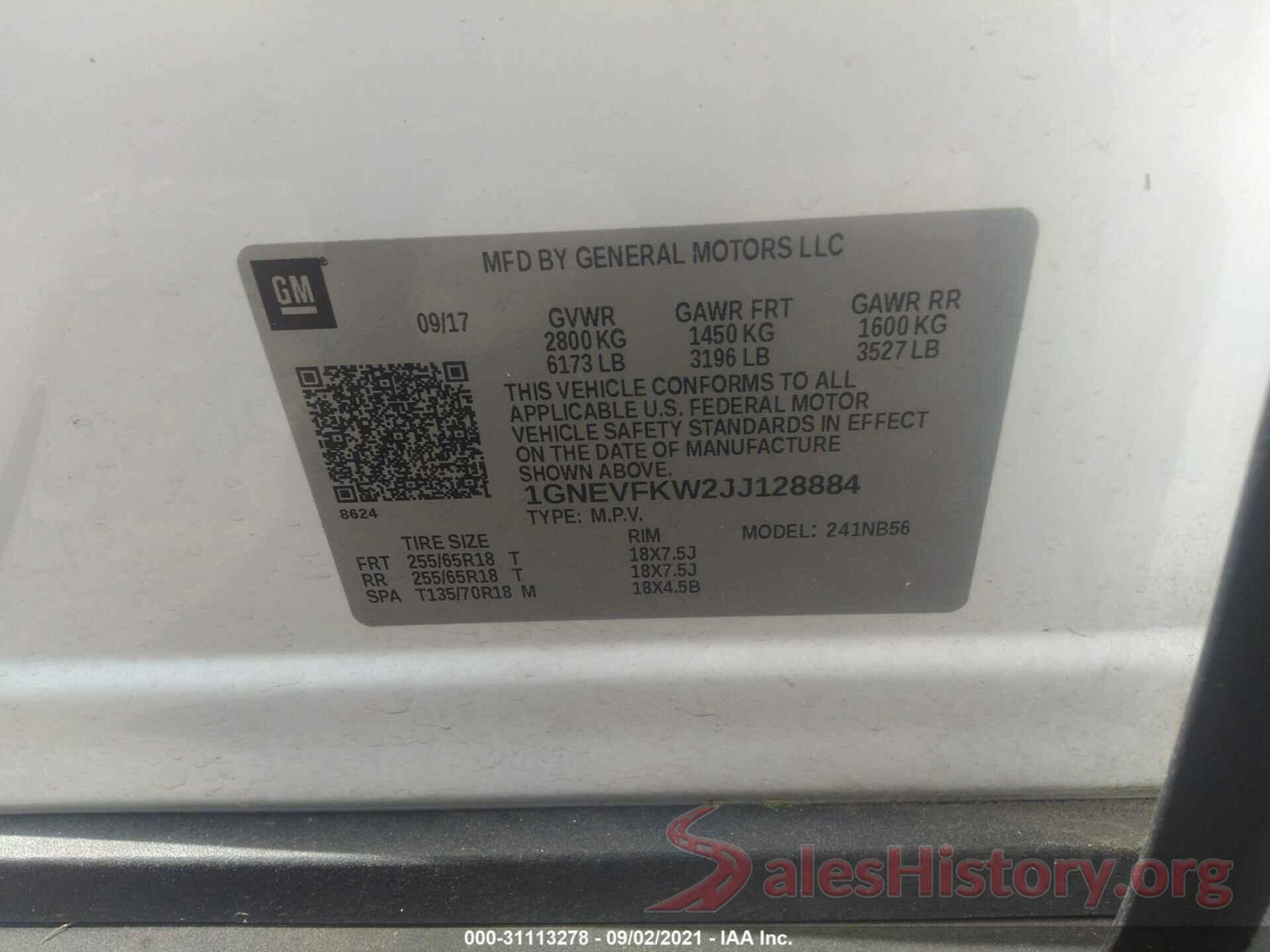 1GNEVFKW2JJ128884 2018 CHEVROLET TRAVERSE