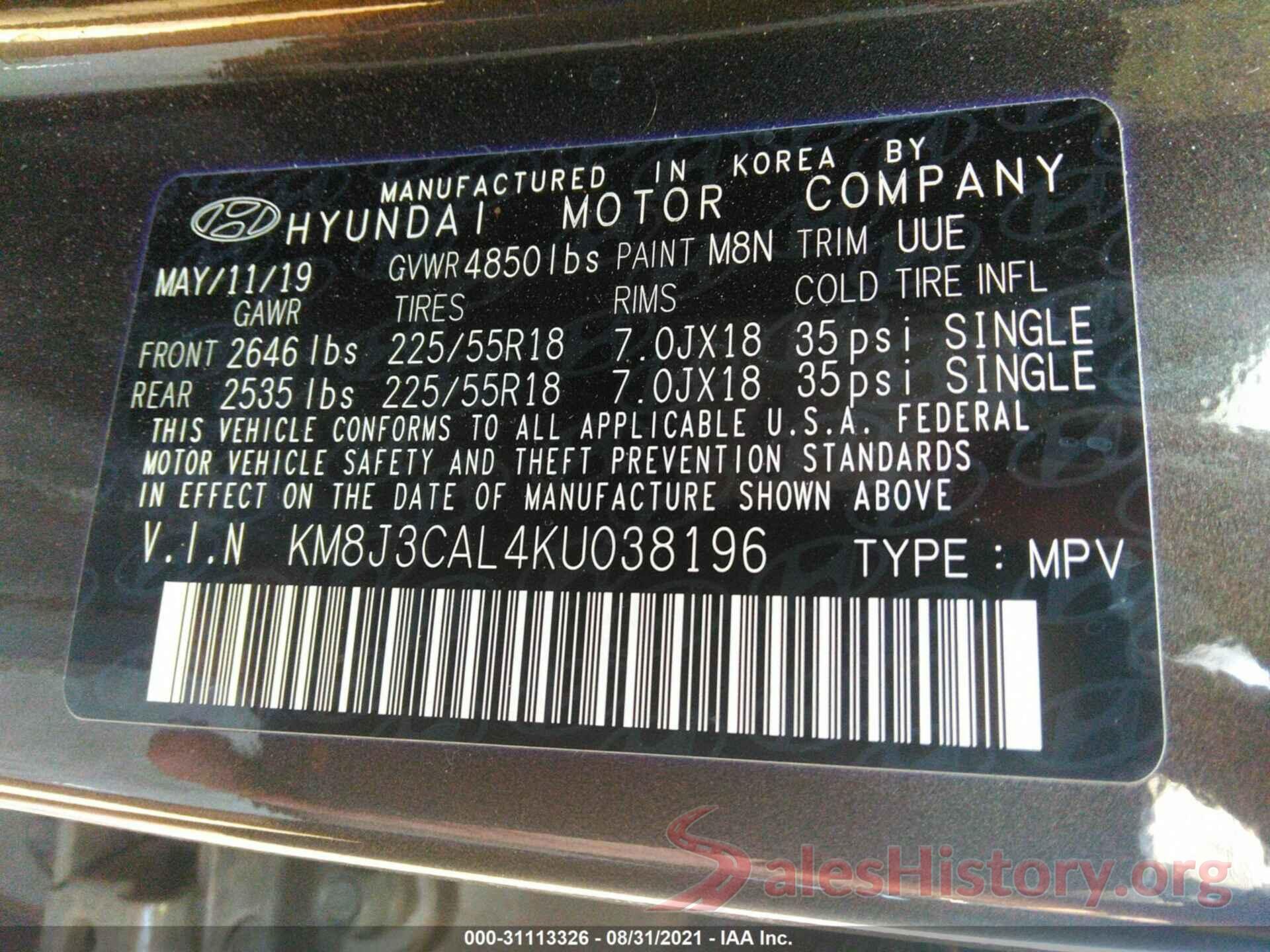 KM8J3CAL4KU038196 2019 HYUNDAI TUCSON