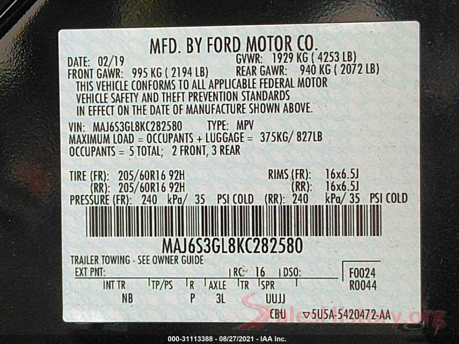 MAJ6S3GL8KC282580 2019 FORD ECOSPORT