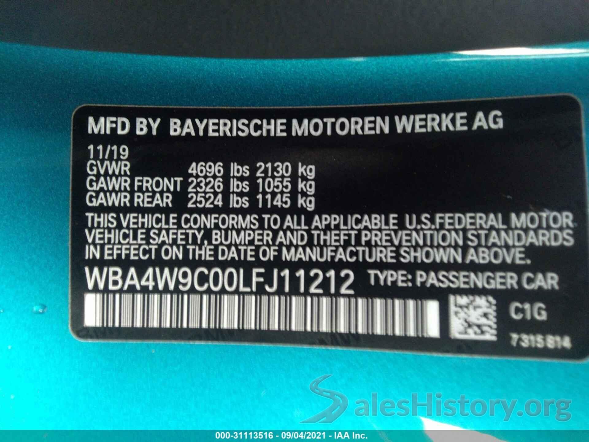 WBA4W9C00LFJ11212 2020 BMW 4 SERIES