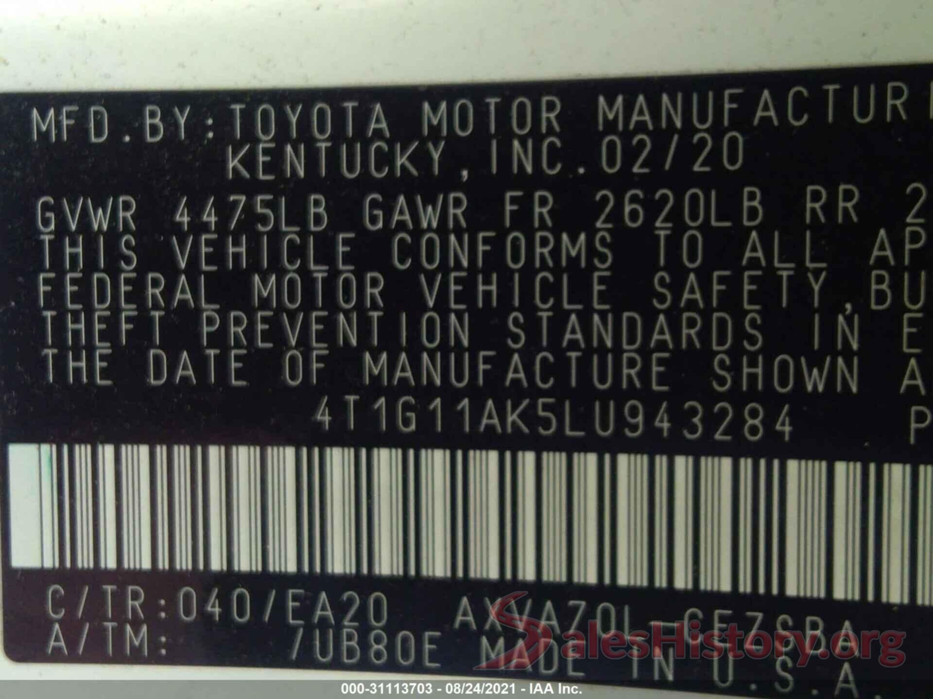 4T1G11AK5LU943284 2020 TOYOTA CAMRY