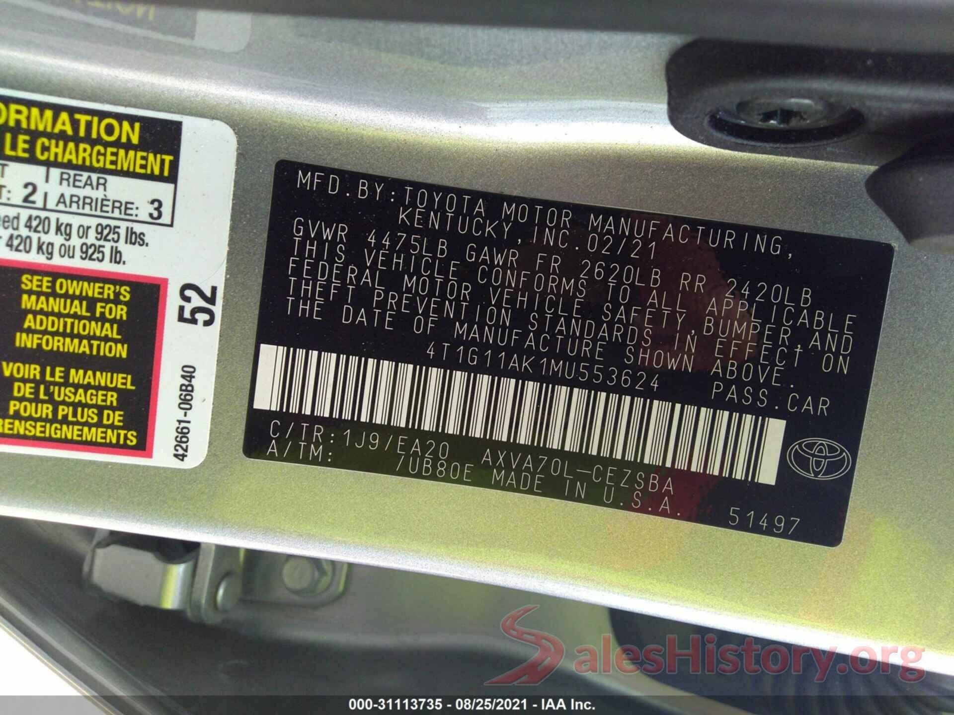 4T1G11AK1MU553624 2021 TOYOTA CAMRY