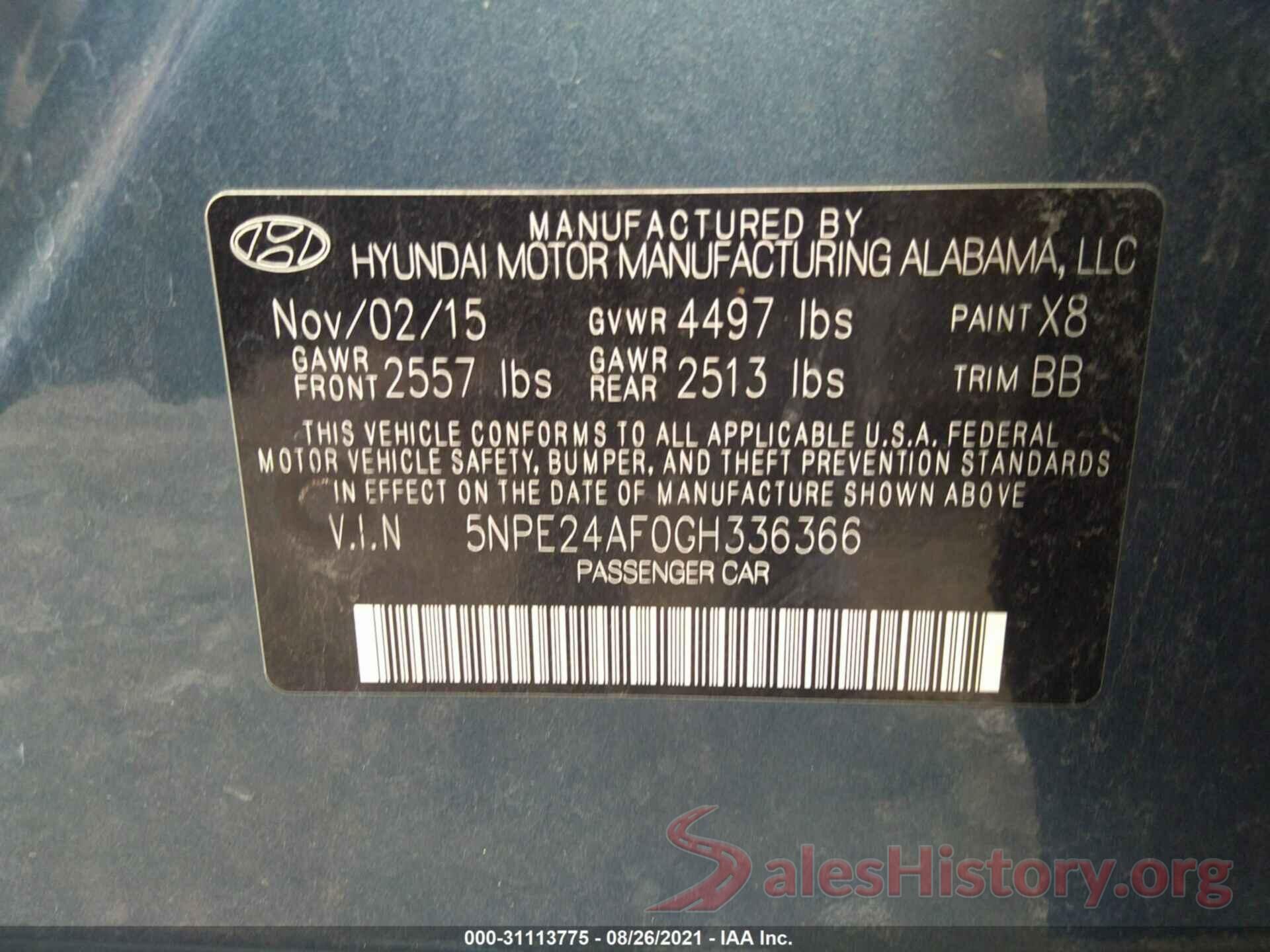 5NPE24AF0GH336366 2016 HYUNDAI SONATA