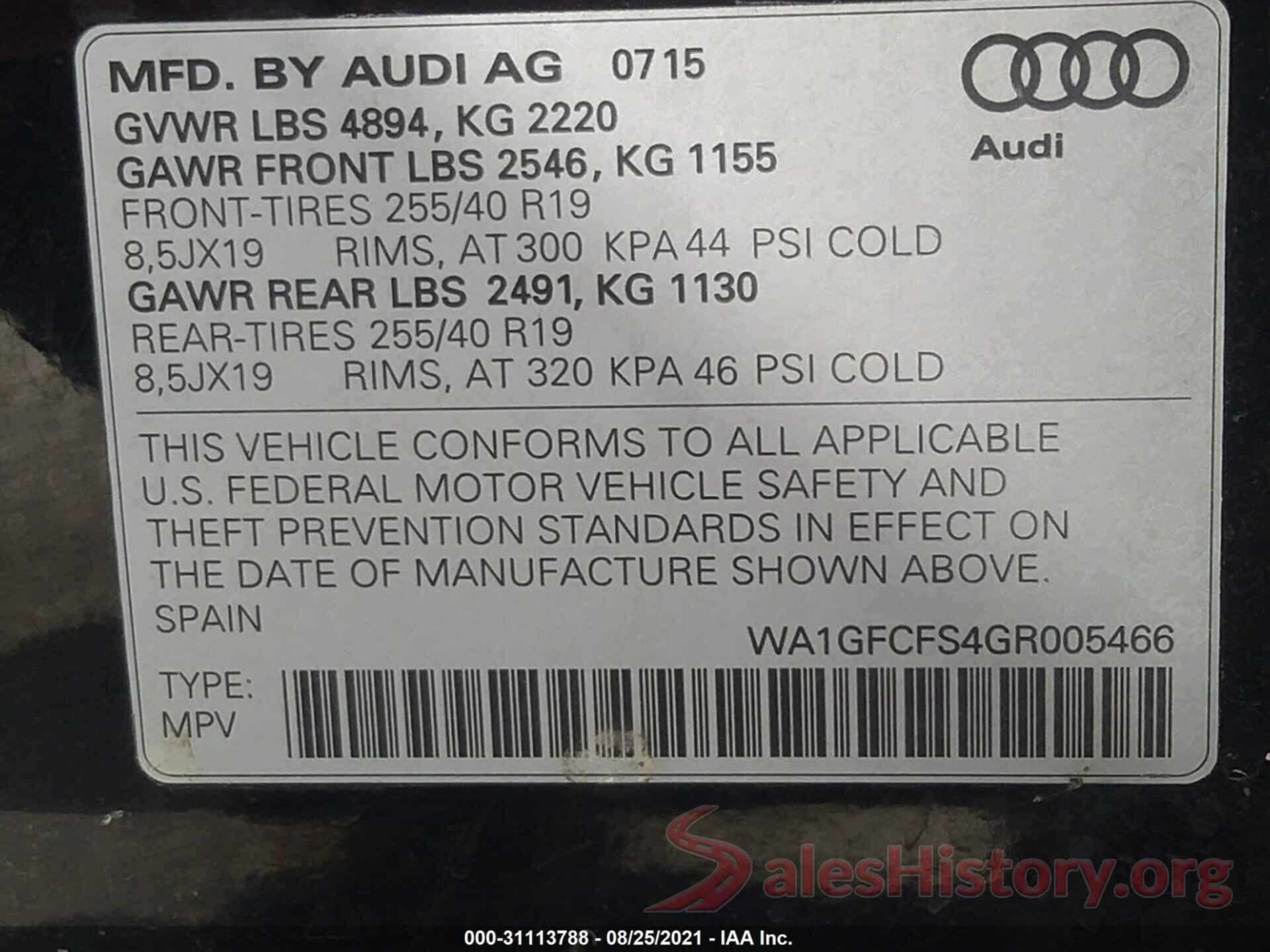 WA1GFCFS4GR005466 2016 AUDI Q3