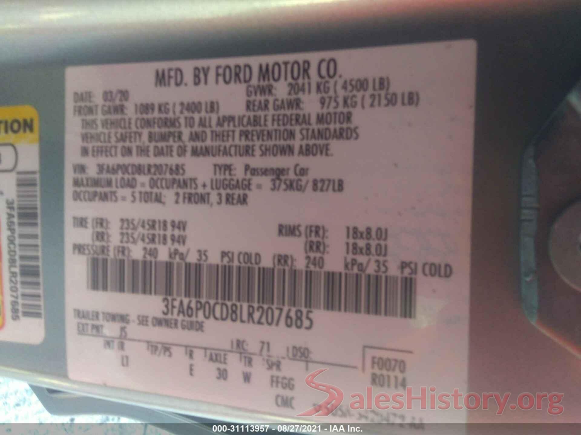 3FA6P0CD8LR207685 2020 FORD FUSION