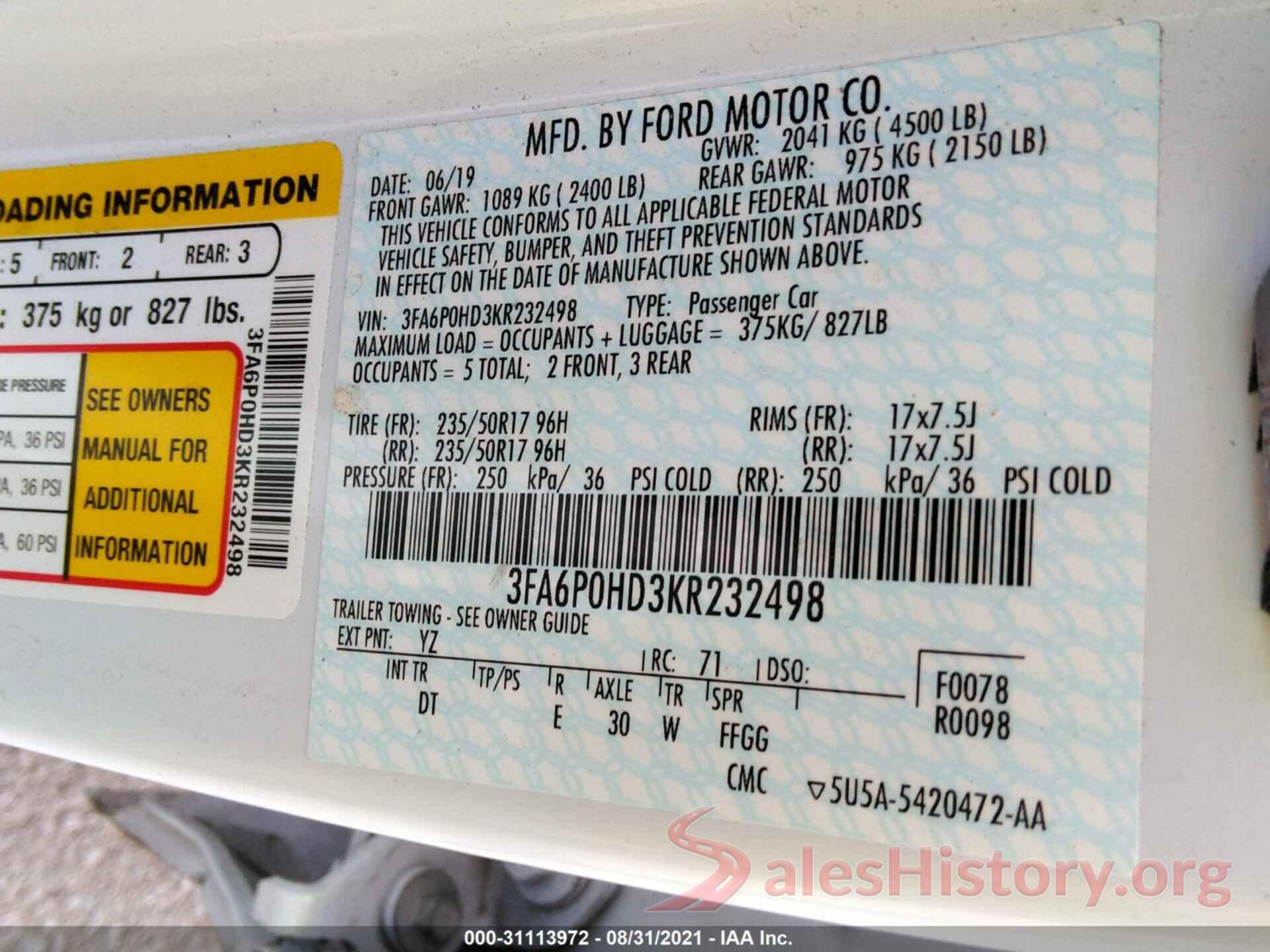 3FA6P0HD3KR232498 2019 FORD FUSION