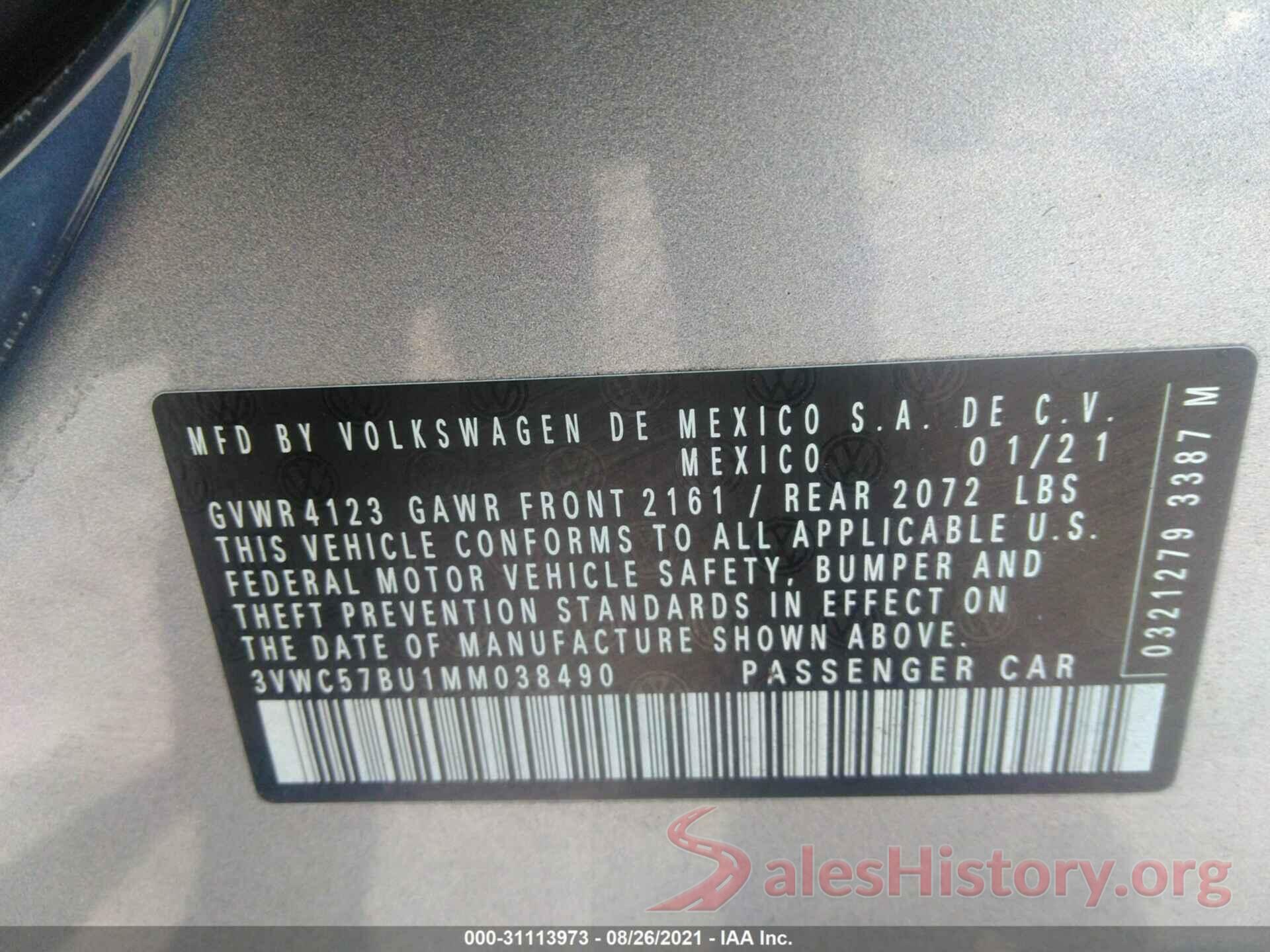 3VWC57BU1MM038490 2021 VOLKSWAGEN JETTA