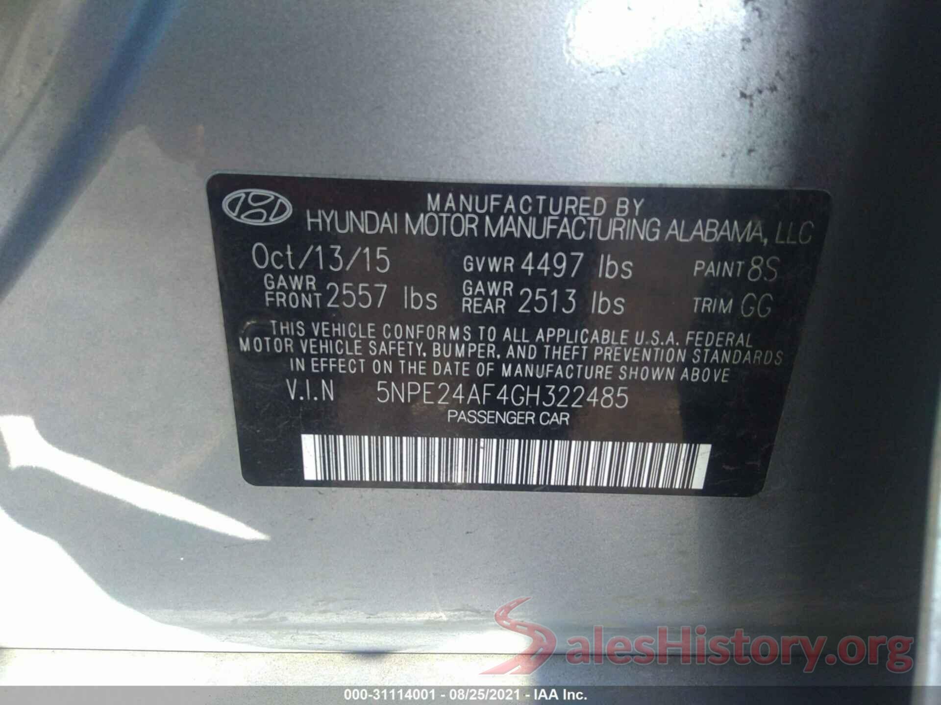 5NPE24AF4GH322485 2016 HYUNDAI SONATA