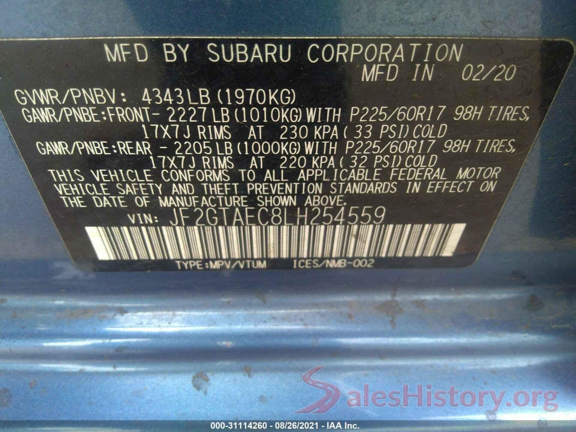 JF2GTAEC8LH254559 2020 SUBARU CROSSTREK