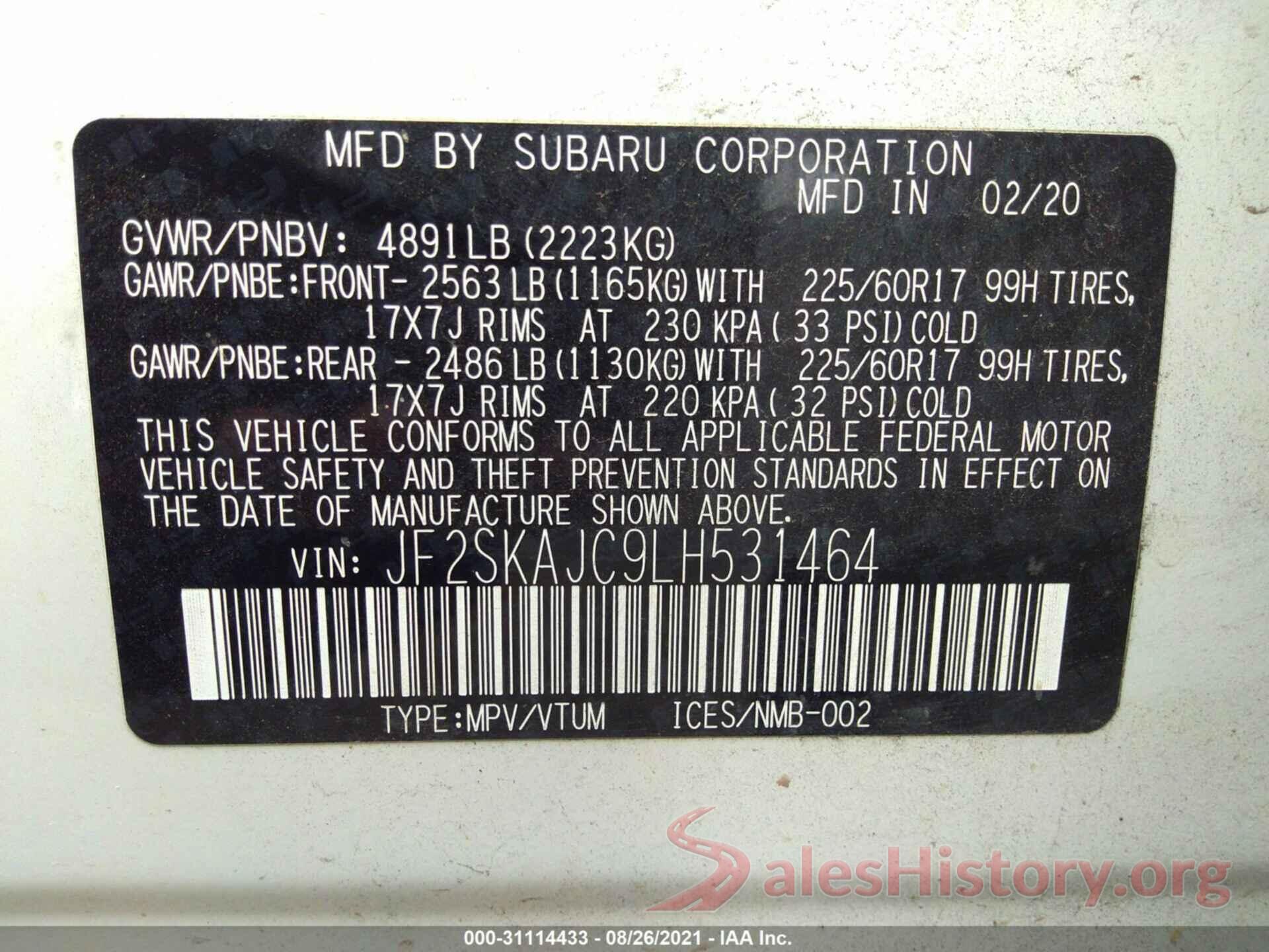 JF2SKAJC9LH531464 2020 SUBARU FORESTER