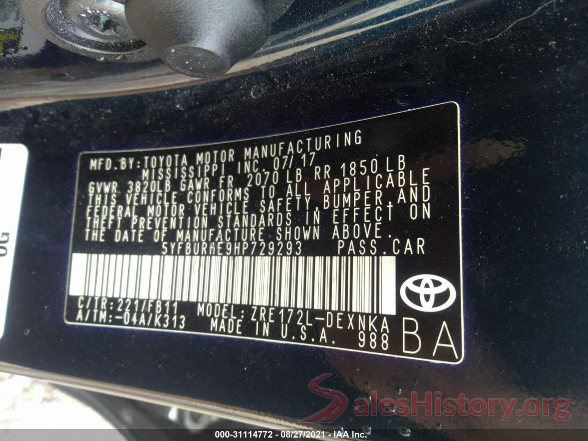 5YFBURHE9HP729293 2017 TOYOTA COROLLA