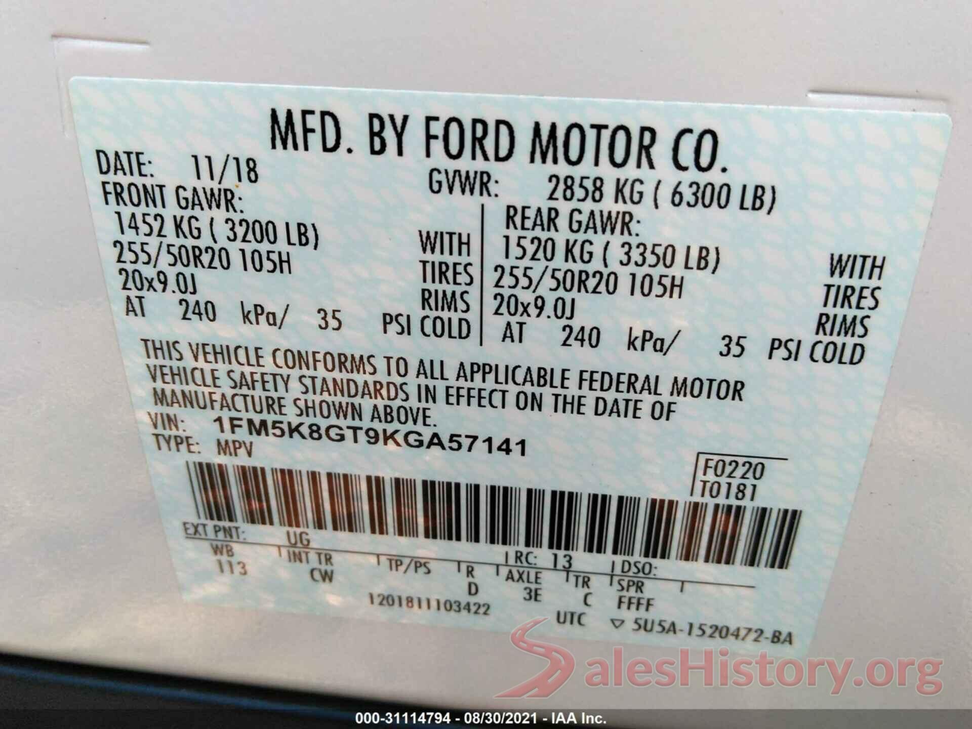 1FM5K8GT9KGA57141 2019 FORD EXPLORER