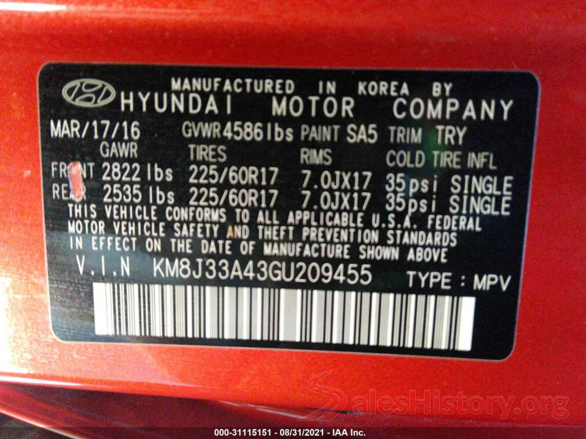 KM8J33A43GU209455 2016 HYUNDAI TUCSON