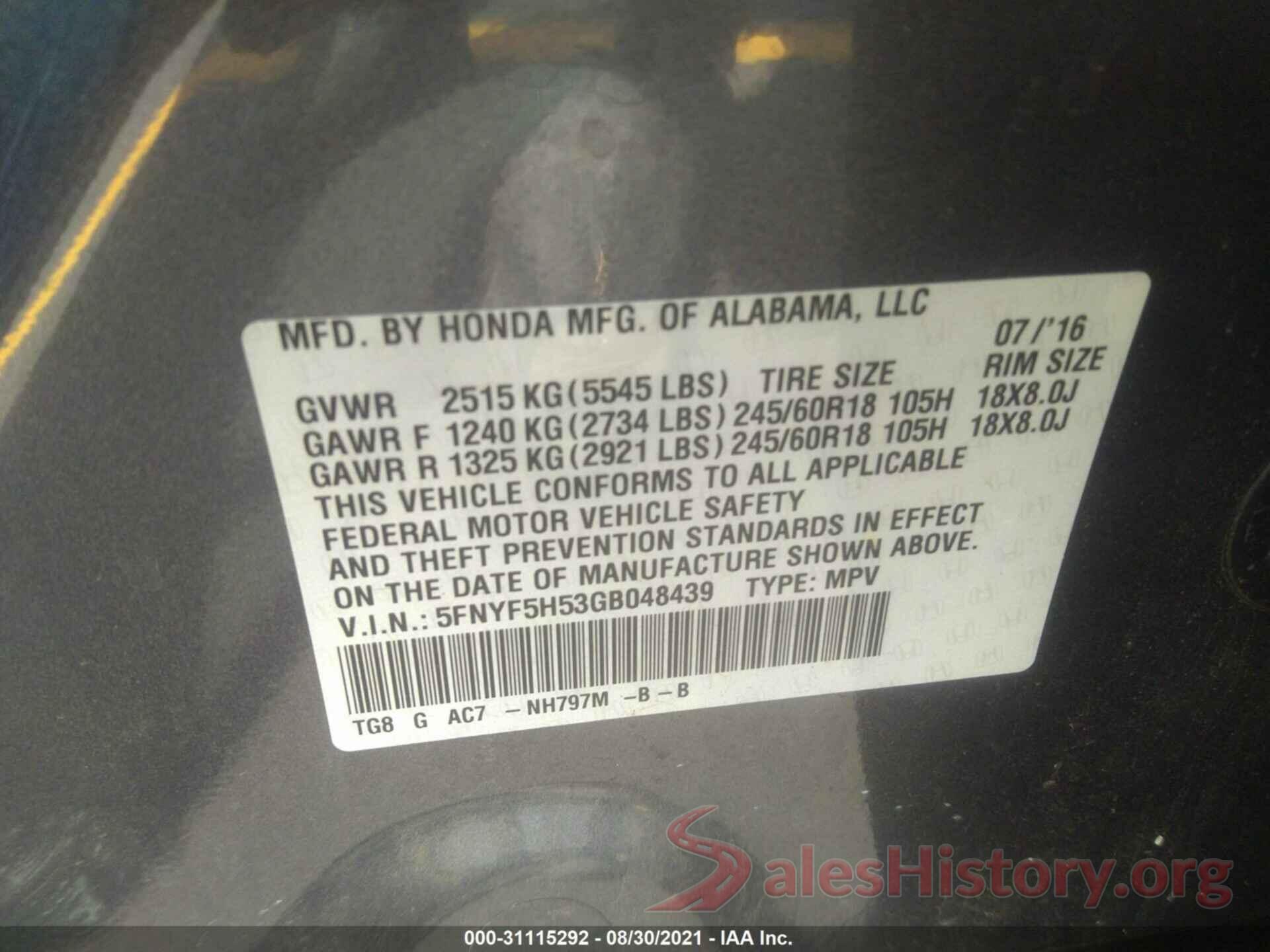 5FNYF5H53GB048439 2016 HONDA PILOT