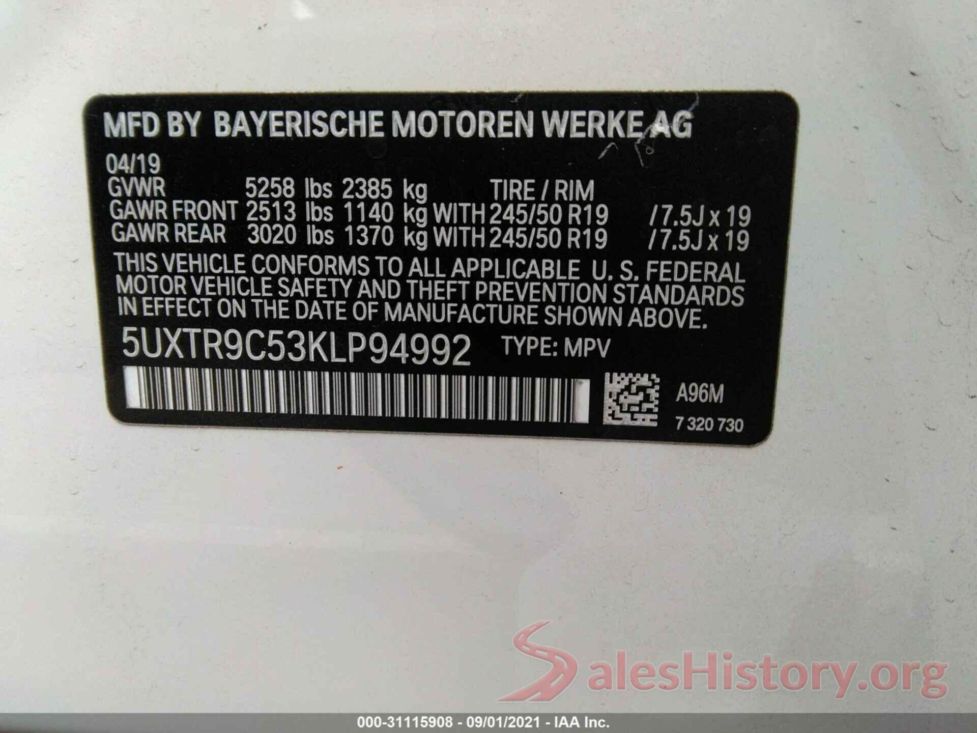 5UXTR9C53KLP94992 2019 BMW X3