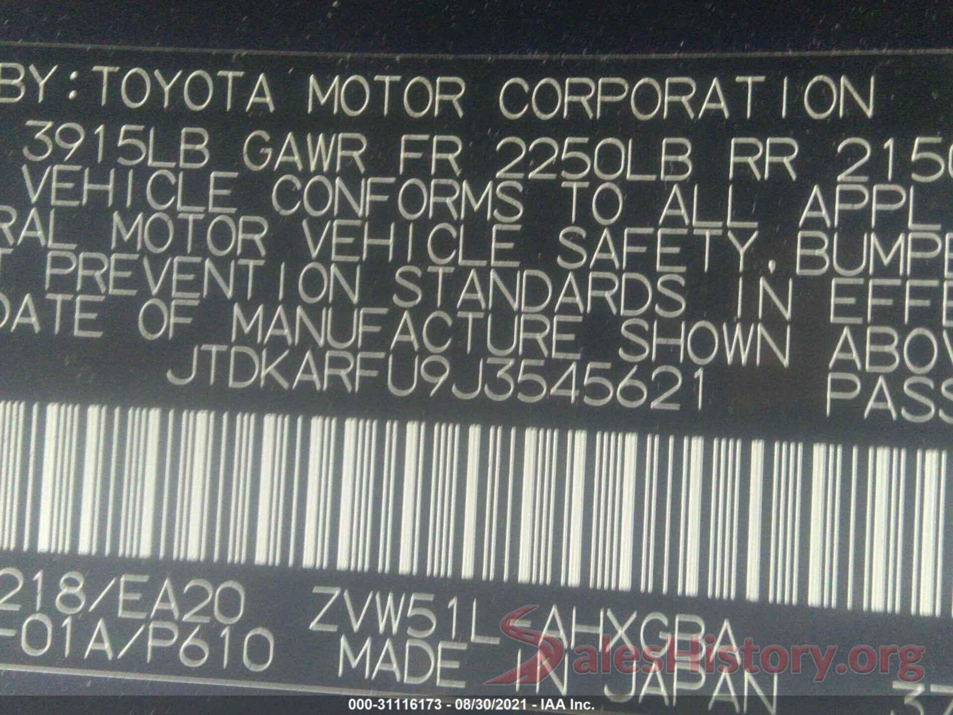 JTDKARFU9J3545621 2018 TOYOTA PRIUS