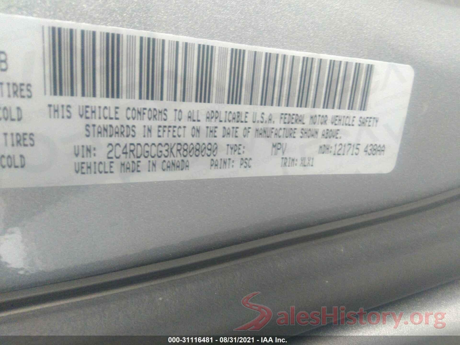 2C4RDGCG3KR808090 2019 DODGE GRAND CARAVAN