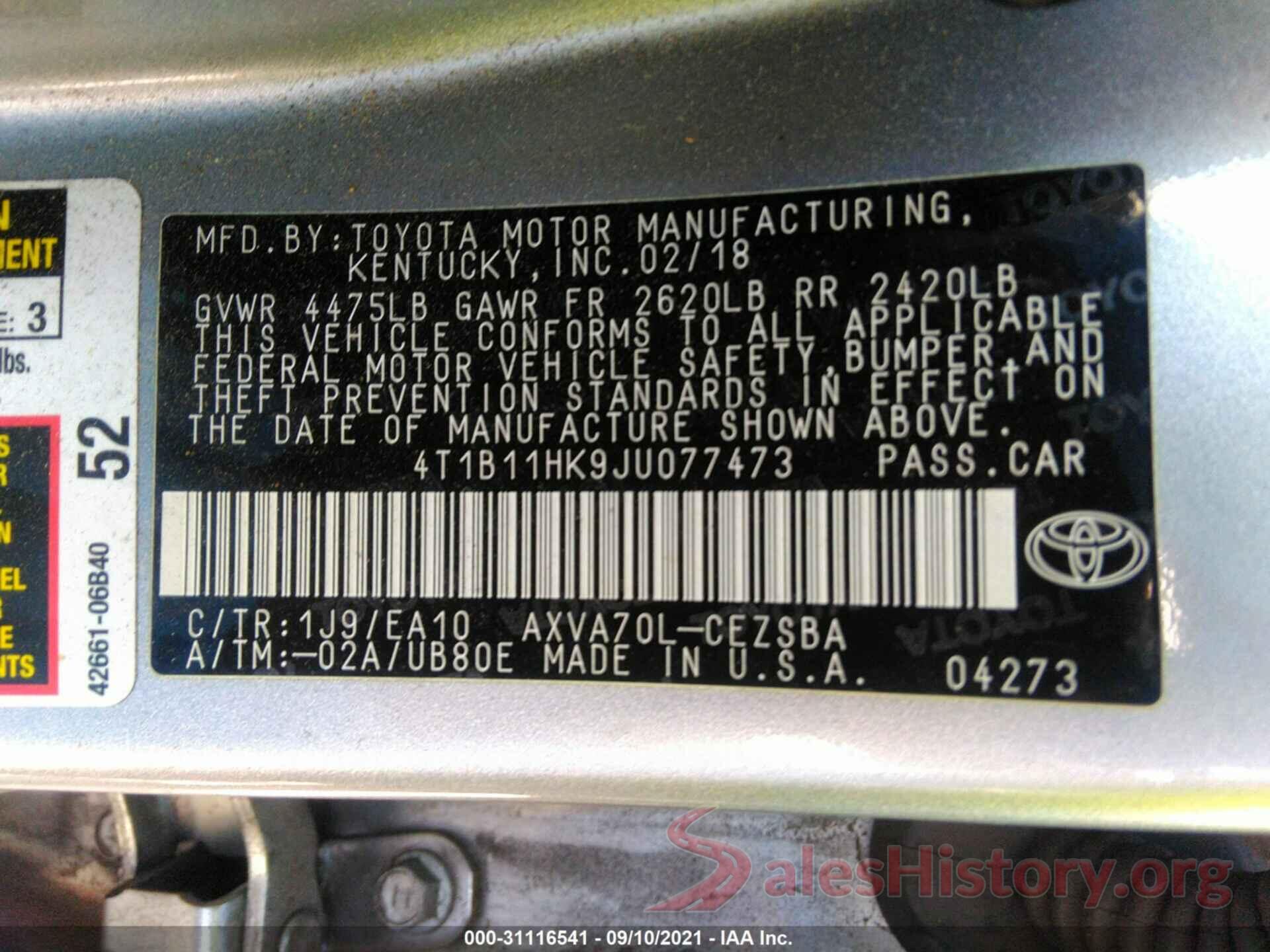 4T1B11HK9JU077473 2018 TOYOTA CAMRY